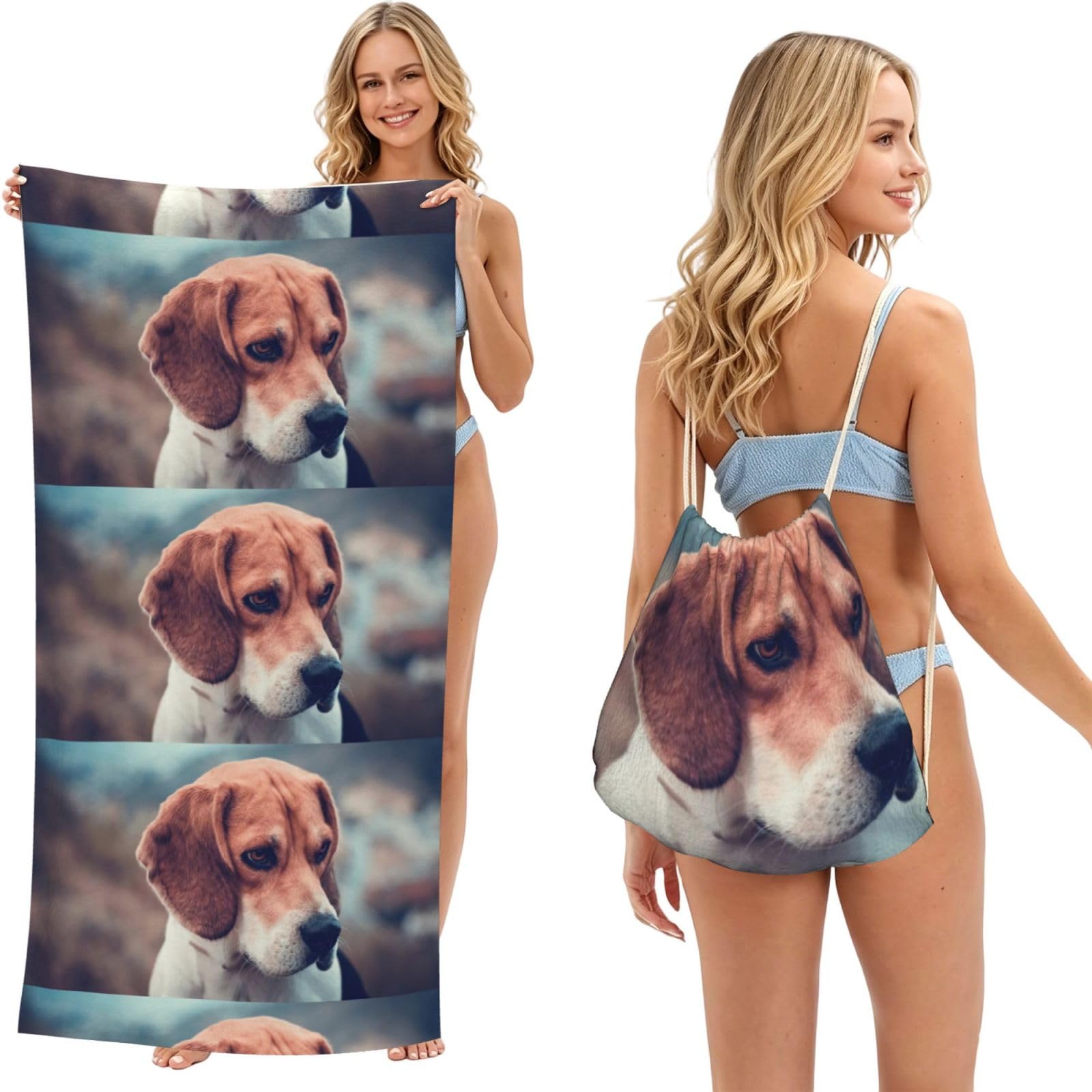 Poadnly As Picture Beagle Dog, 2 In 1 Packable Towel Bag, Beach Towels With Drawstring Backpack For Travel Holiday Camping