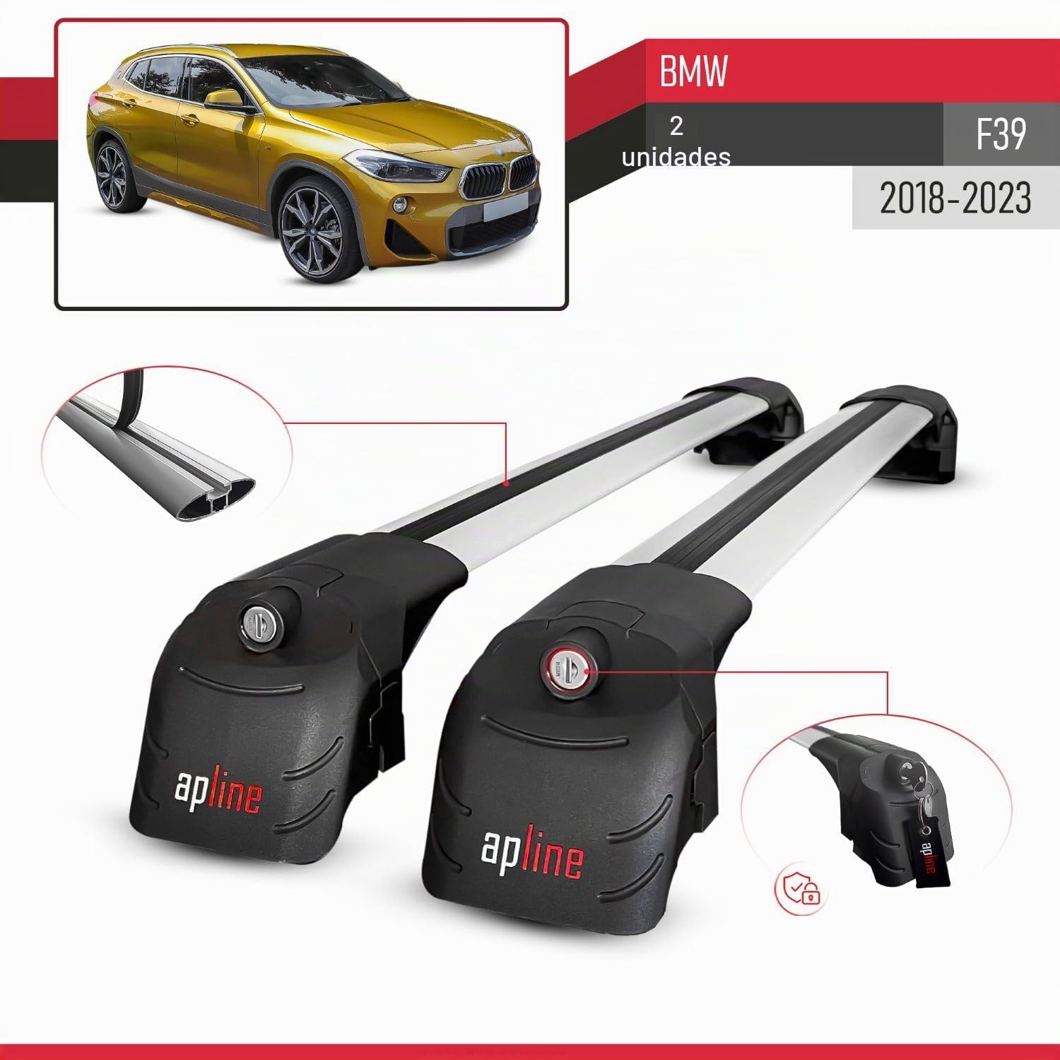 Compatible con BMW X2 (F39) 2018-2023 Modelo Ace-2 Barra de Techo Auto Portaequipajes Barras Transversales Gris Aluminio 2 Barras