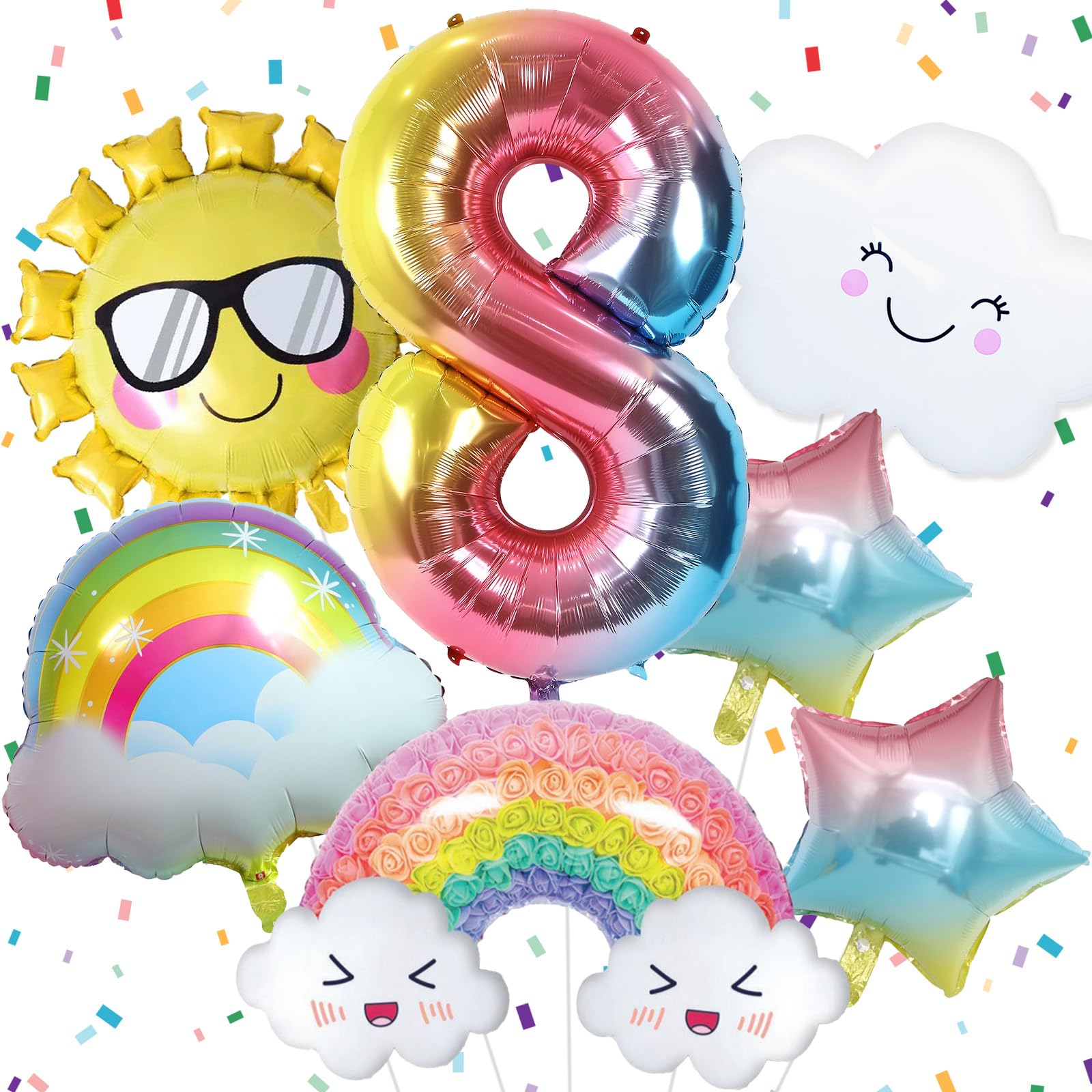 8 Jahre Regenbogen Geburtstag Deko für Mädchen - Folienballon, Sonne, Sterne Luftballons für 8. Geburtstag Mädchen