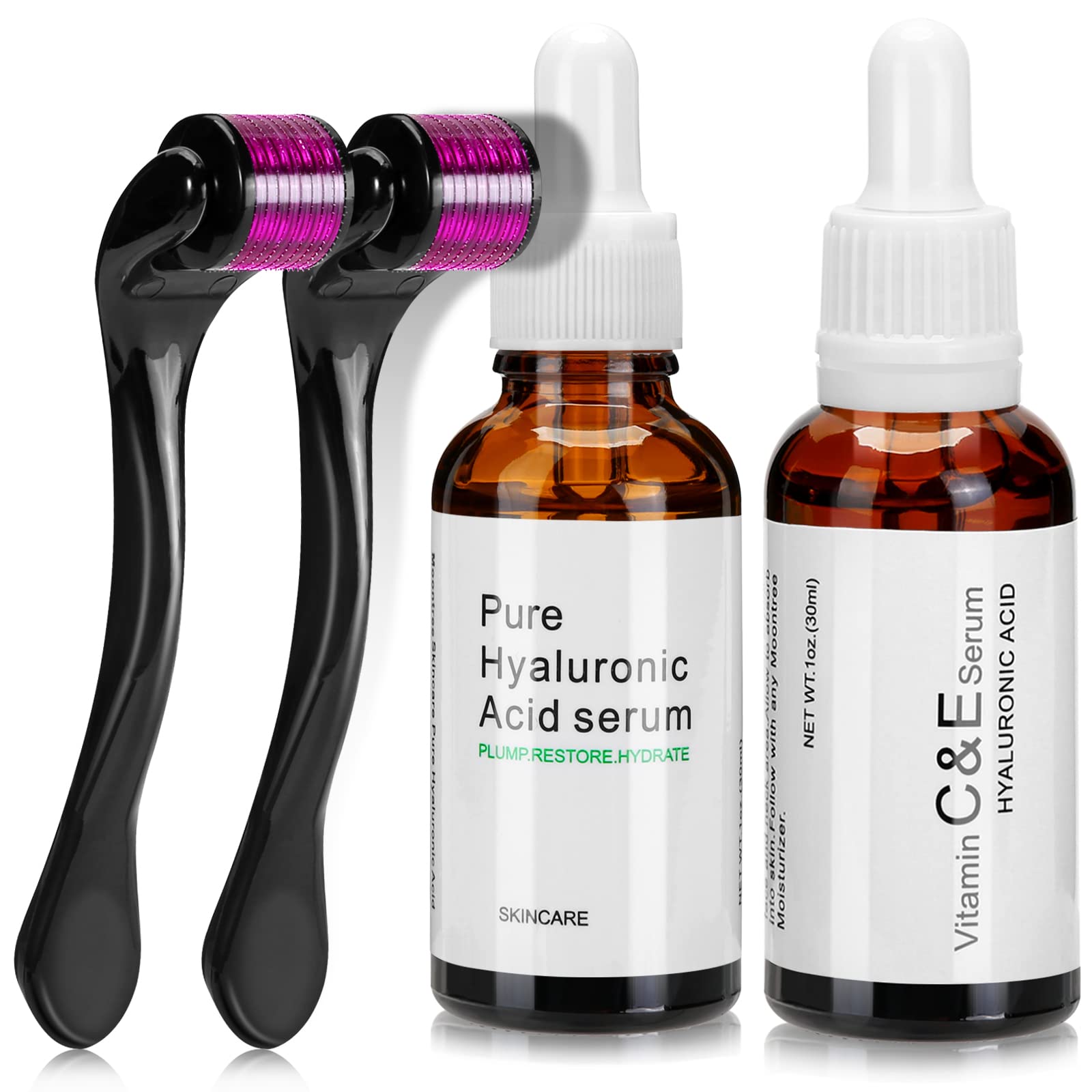 Rinvvenn Kit de microagujas rodillo derma 4 en 1 + suero de ácido hialurónico + suero de vitamina C, 540 titanio microneedle (0,5 mm+1,5 mm), rejuvenece piel de la cara cuello y cuerpo