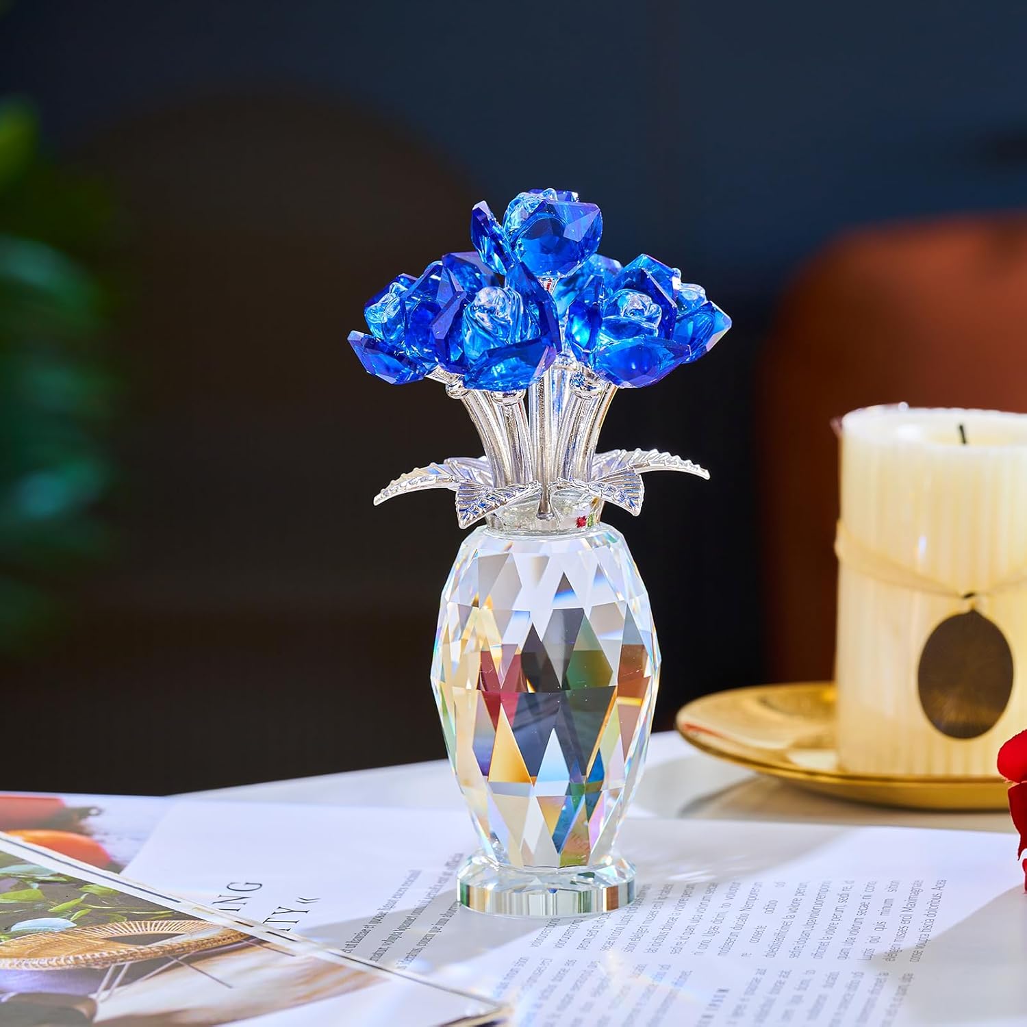 Crystal Blue Rose Flower Paperweight Decoration,Glass Christmas Birthday Gifts Flowers for Women Girlfriend Girl Wife, Bouquet Collectible for Valentine's Day Wedding Anniversary (Blue Rose) - Image 2