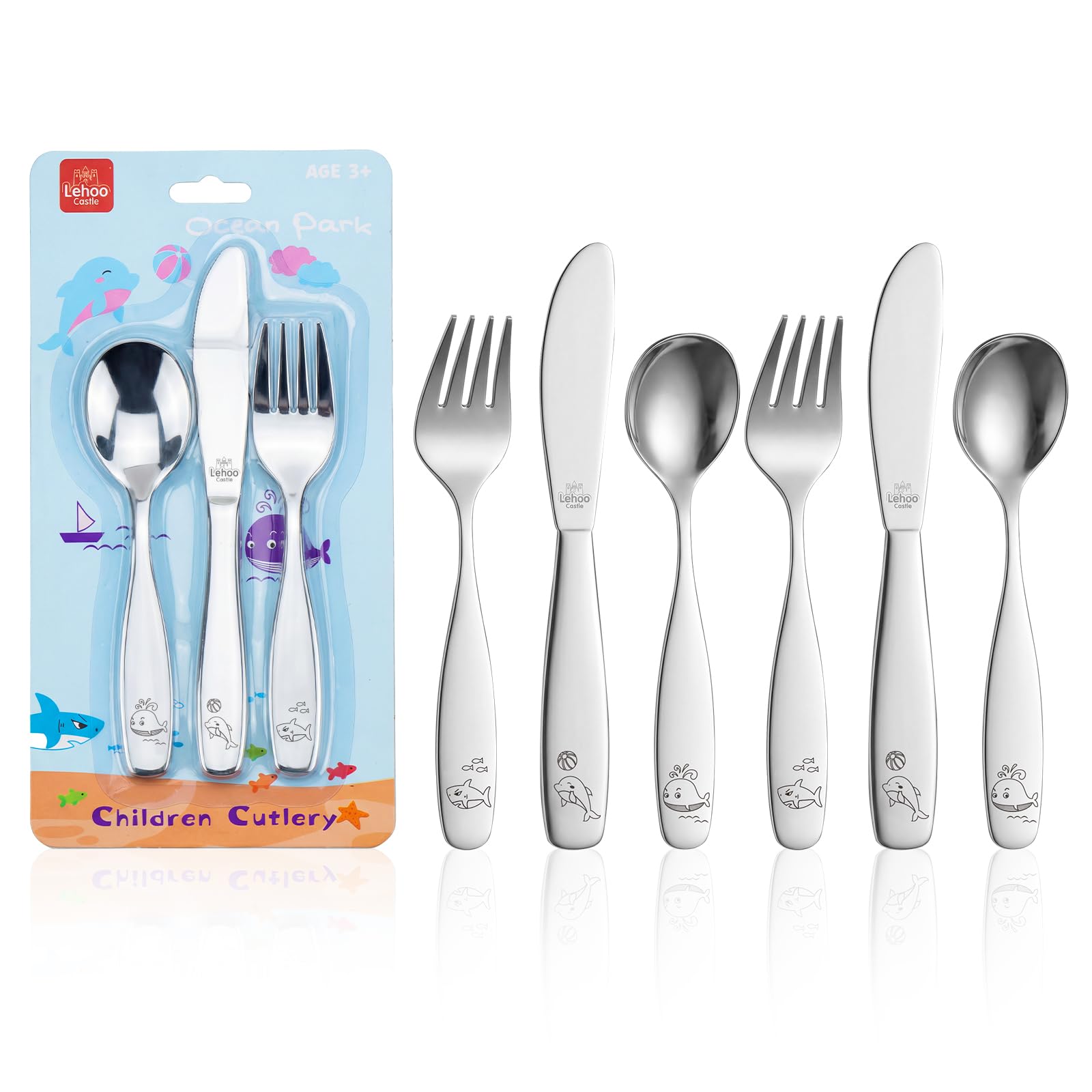 Lehoo Castle Kinderbesteck, 6-teiliges Edelstahl Besteck Kinder Set mit Löffel, Gabel, Messer, Dinosaurier Kinderbesteck ab 3 Jahre