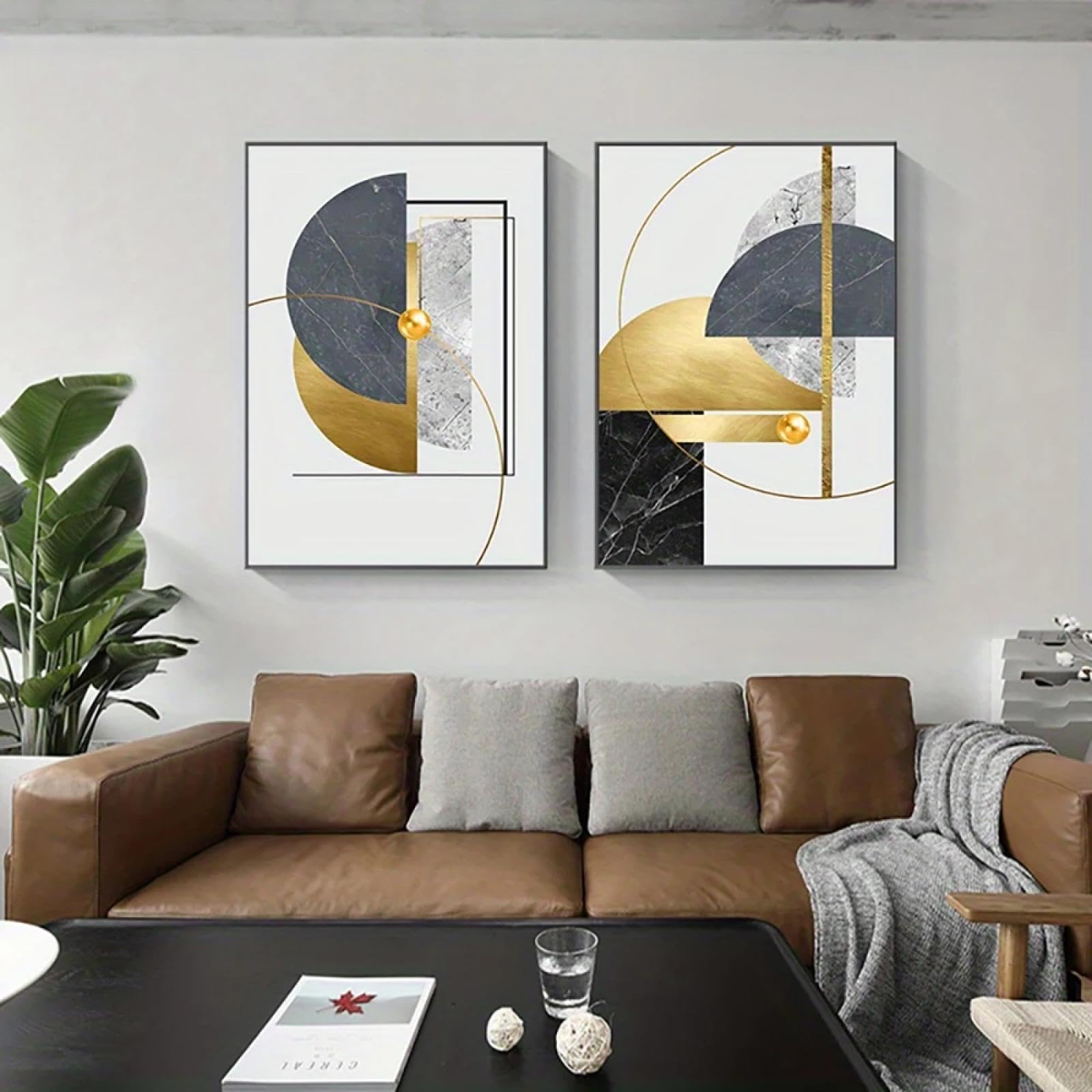 YIUEYI Pinturas en lienzo con patrón de arte geométrico dorado abstracto, carteles de lámina dorada, cuadros de pared modernos para sala de estar, decoración del hogar, 11x14in-28x36cmx3 con marco