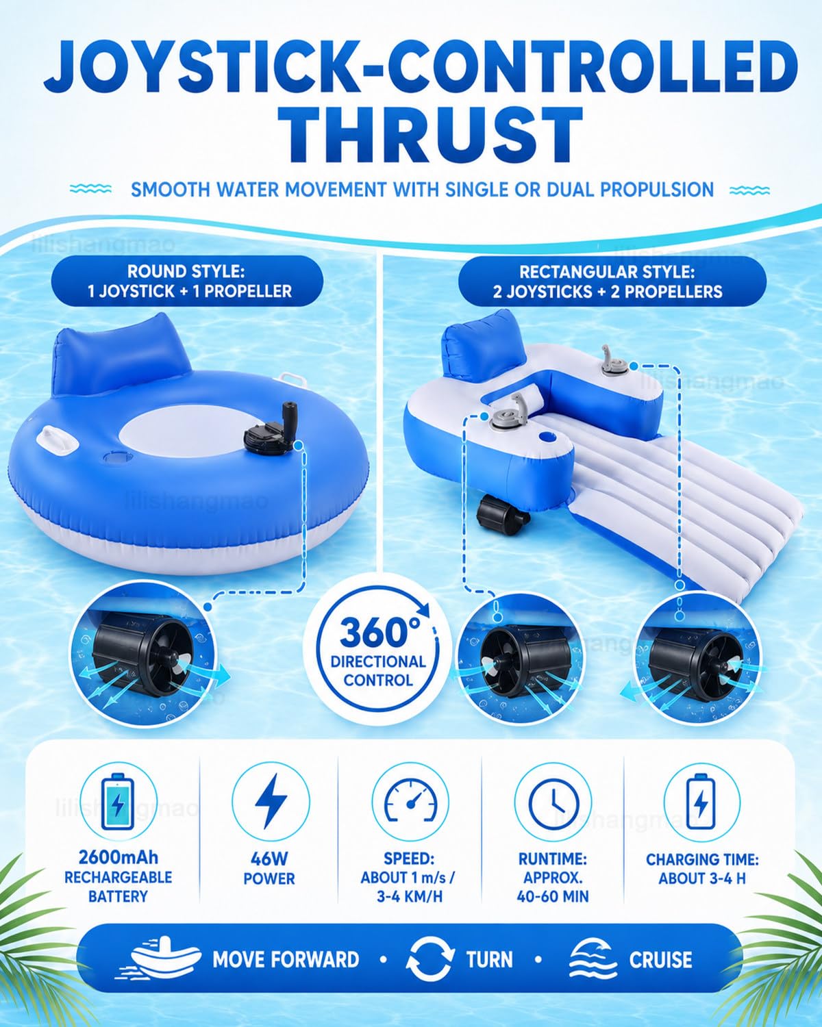 Galleggiante motorizzato per piscina, lettino elettrico con batteria ricaricabile, doppia elica, portabicchieri, maniglie e schienale per feste in piscina e divertimento all'aperto