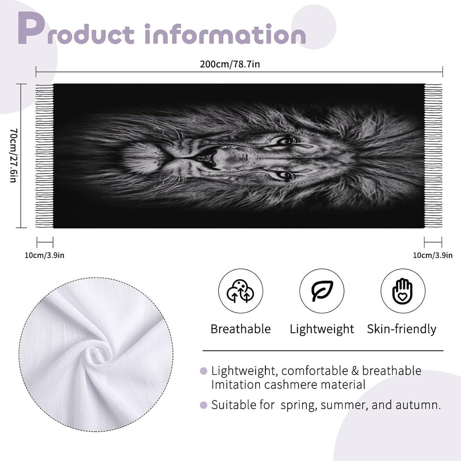 Black And White Lion Head Scarf for Women Men Classic Fashion Blanket Scarves Soft Cashmere Feel Scarf Cold Weather Warm Long Shawl Winter Large Scarves Classic Blanket Scarfs Thick