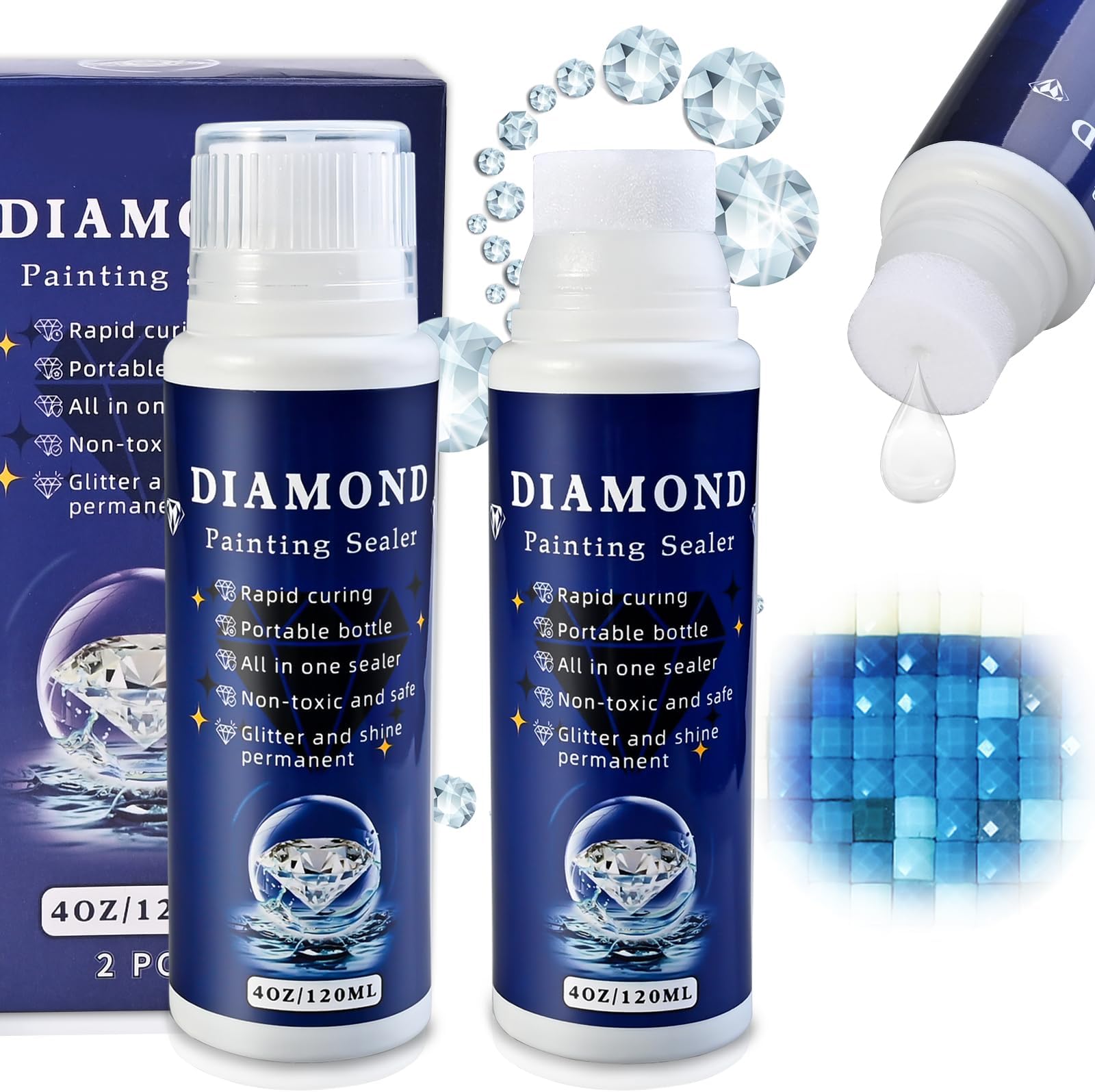 Faburo 2-Pack Diamond Painting Sealer Protectant Brightener(120ml*2), Diamond Art Painting Accessories Glue, Diamond Art Glue Sealer Supplies Clear Finish Permanent Hold & Shine Effect (8OZ Blue)