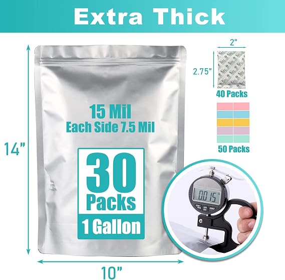 30pcs 1 Gallon Mylar Bags for Food Storage (15 Mil Extra Thick 7.5 Mil Each Side) with Oxygen Absorbers 400CC (40pcs), 10