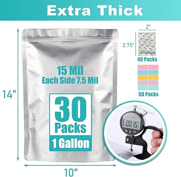 30pcs 1 Gallon Mylar Bags for Food Storage (15 Mil Extra Thick 7.5 Mil Each Side) with Oxygen Absorbers 400CC (40pcs), 10