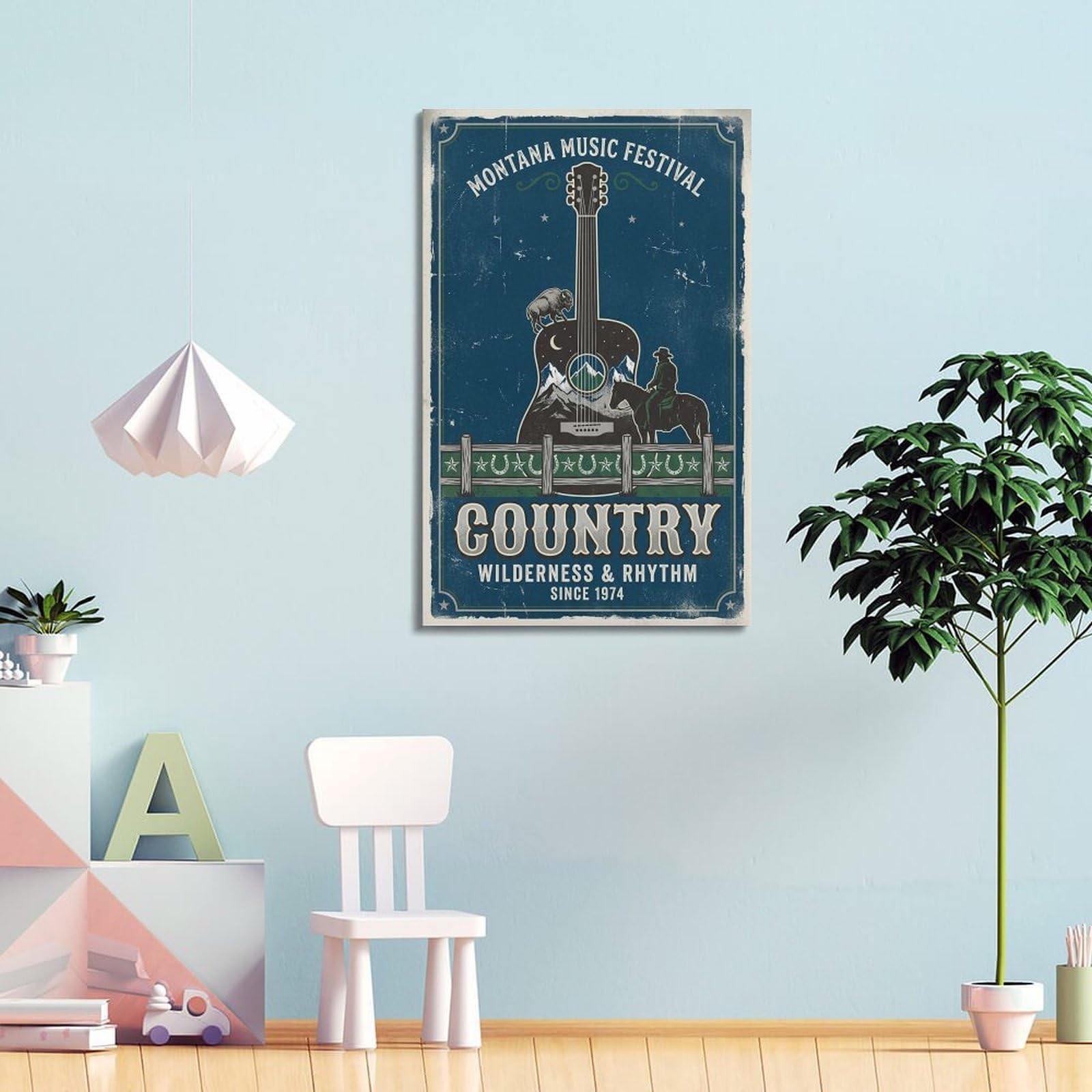 OKNGB Poster decorativo da parete su tela, motivo: chitarra del Montana, Wild West e musica country, poster decorativo moderno per camera da letto, 50 x 75 cm