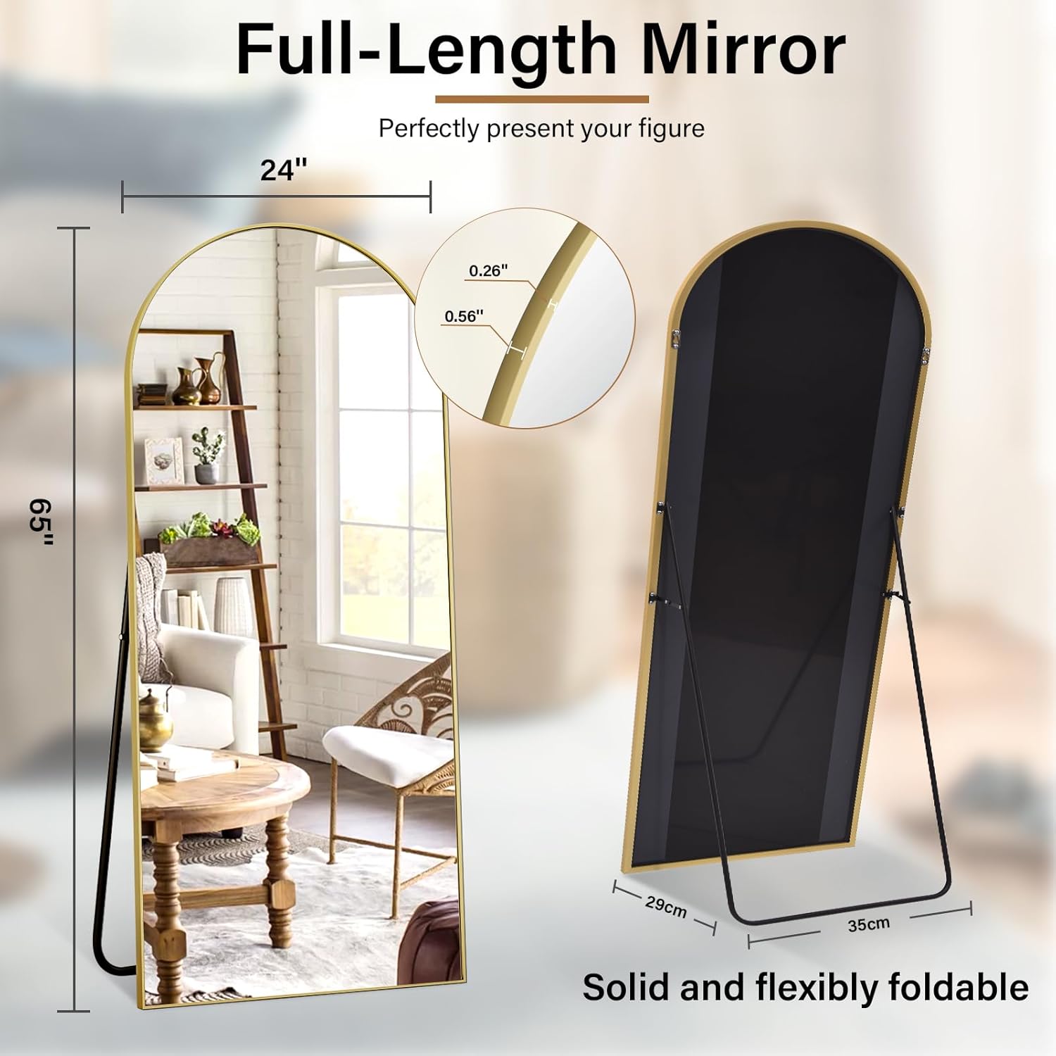Arched Full Length Mirror 24 x 65 Inch Full Body Mirrors with Stand Mirrors Full Length for Bedroom Living Room Gold