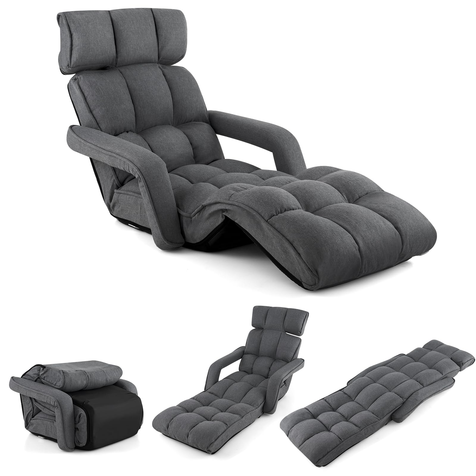 COSTWAY Folding Sofa Bed, 6-Position Adjustable Lazy Floor Sofa Chair Bed with Armrests & 8-Angle Footrest, Reading Gaming Lounge Recliner Floor Chair Seat for Living Room Bedroom Office (Dark Grey)