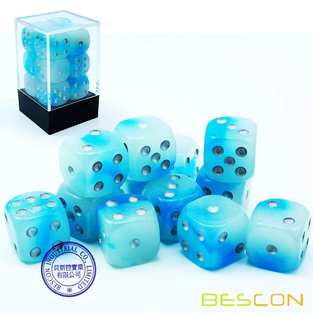 Foto 3 de 8 de Bescon Two Tone Glowing Dice D6 16mm 12pcs Set of Icy Rocks, 16mm Six Sided Die (12) Block of Glowing Dice