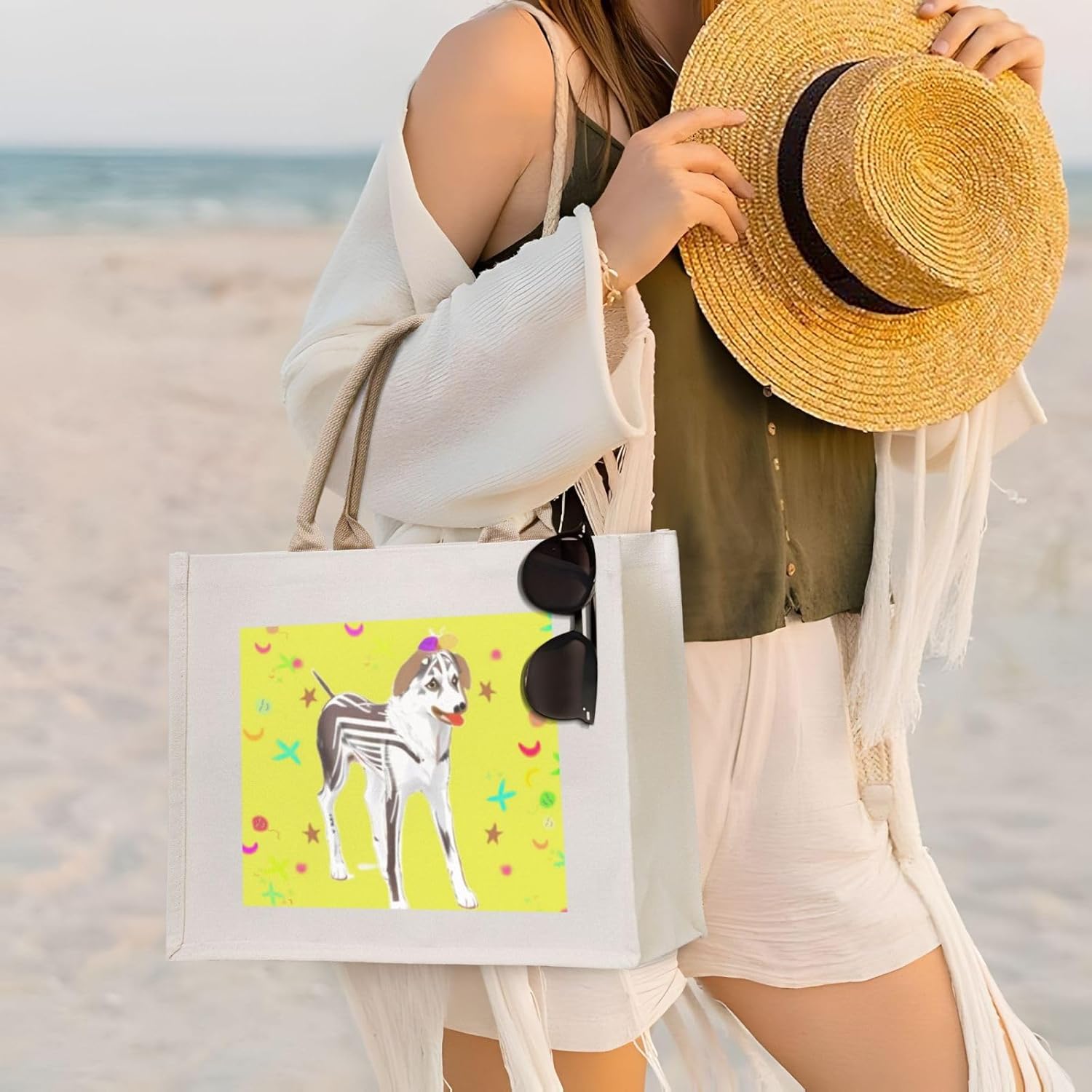 カートゥーン グレーとホワイト ドッグ キャンバス キャリングトートバッグ &ndash; エコフレンドリー 再利用可能 ショッピングバッグ、女