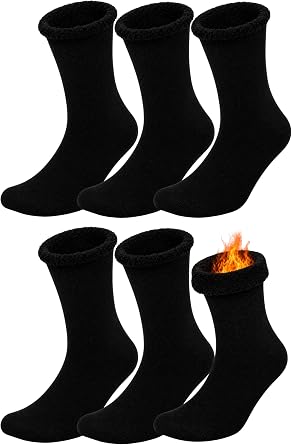 6 Pairs Mens Thermal Socks, Brushed Interior Warm Winter Thick Heavy Duty Cushioned Crew Sock, Bulk Pack