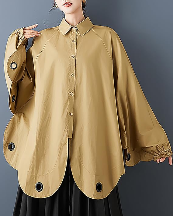 ellazhu Women's Shirt Coat Lapel Button Down Long Lantern Sleeve Solid Irregular Hem Plus Size GZ700 A