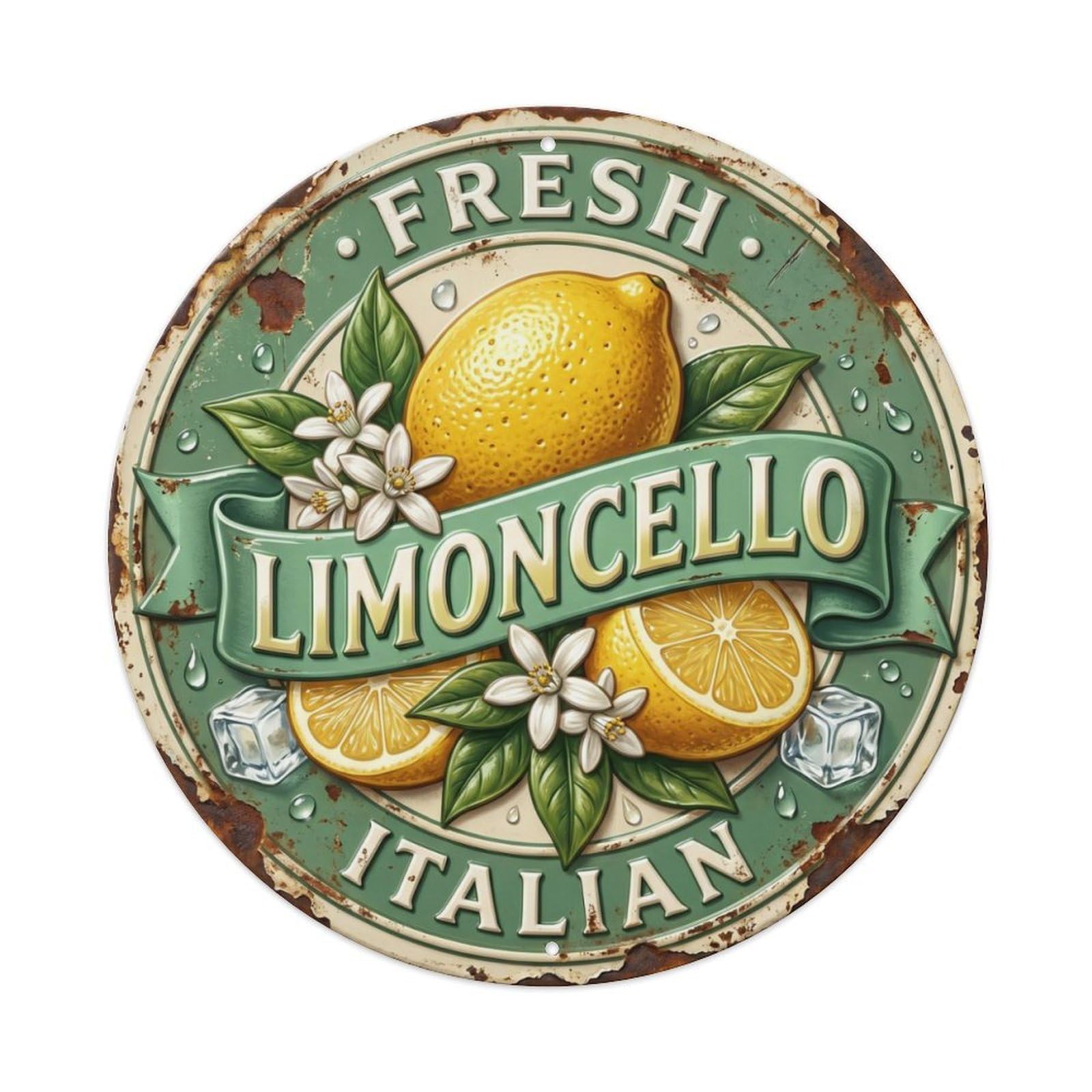 Fresh Italian Limoncello Badge Metal Tin Sign Plaque Wall Decor for Cafe, Club Bar, Office, Home Garden Round Metal Poster 8x8Inch