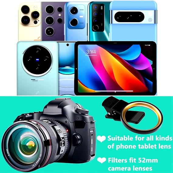 ND2-ND400 Variable ND Filter for iPhone and Android Reduces Overexposure in Bright Light, 52mm Clip-on Phone Lens with Multi-Coated Optical Glass for Long Exposure & Video