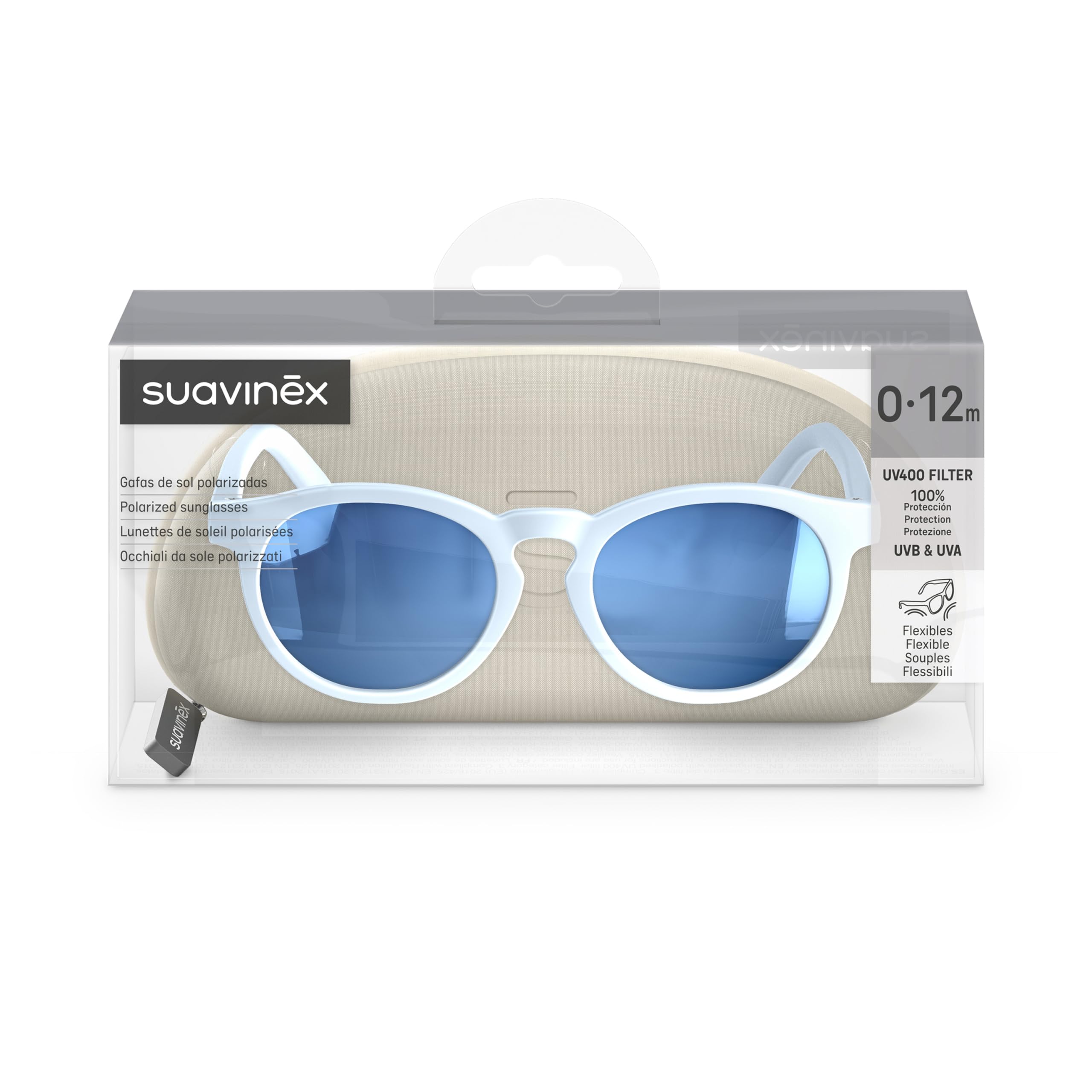 SUAVINEX, Gafas de Sol para Bebés de 0 a 12 Meses, Polarizadas, con Filtro UV 400, Cat. 3, 100% Protección Rayos UVA y UVB, con Funda Incluida, Muy Flexibles y Ligeras, de Forma Redonda, Color Azul
