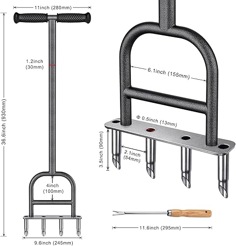 Vista 14 de Dolibest Aireador de extracción de césped, herramienta de acero inoxidable con 3 núcleos con agarre de goma suave, herramienta manual de aireación