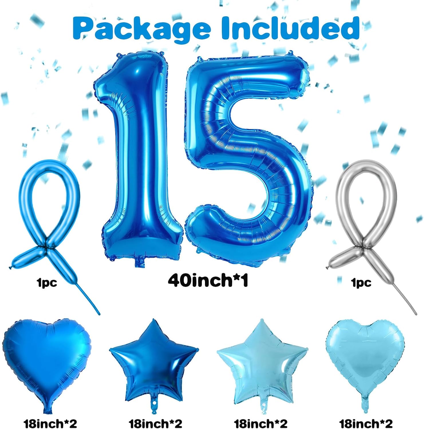Blue Number 15 Balloons, Dark Blue Number 15 Balloon, 15 Number Balloons Set, Blue Foil Star Heart Long Balloon With For Boys man 15th 51st Birthday Party 1st 5th Baby Shower Anniversary Decorations - Image 2
