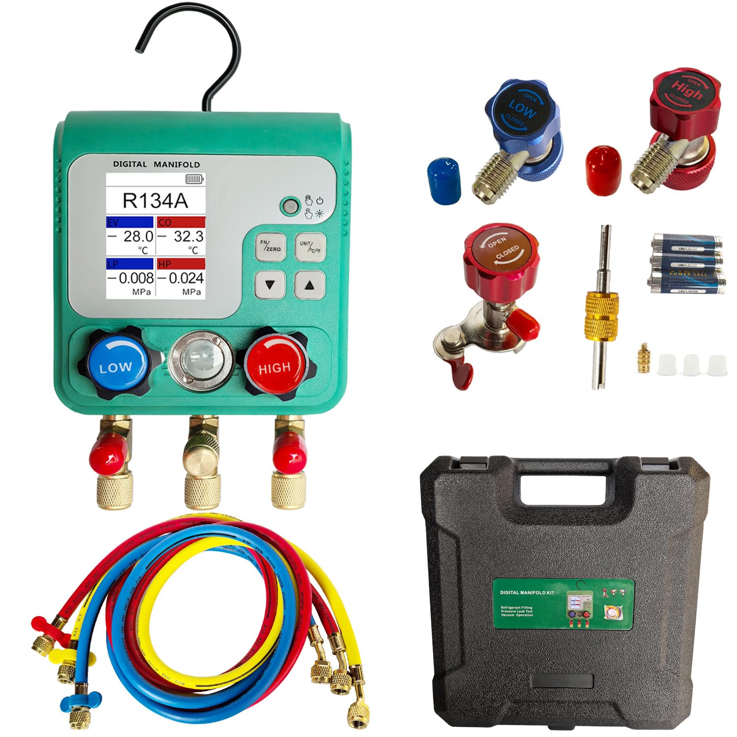 Professional Digital HVAC Manifold Gauge Set Refrigerant Gauge Diagnostic Tool for R134A/R410A/1234YF | Pressure/Vacuum/Leak Test | 92 Refrigerant Types Compatibility | HVAC Maintenance