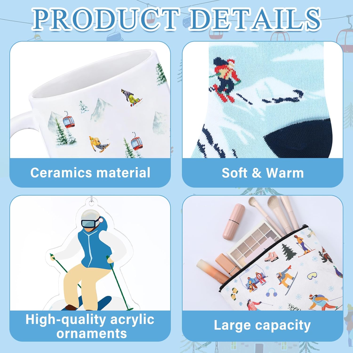 6 Pcs Ski Gifts Set Winter Skiing Ceramic Mug, Socks for Skiers, Makeup Bag, Card, Acrylic Christmas Ornament and Box Skiing Accessories for Ski Lovers Women Men Snowboarder - Image 3