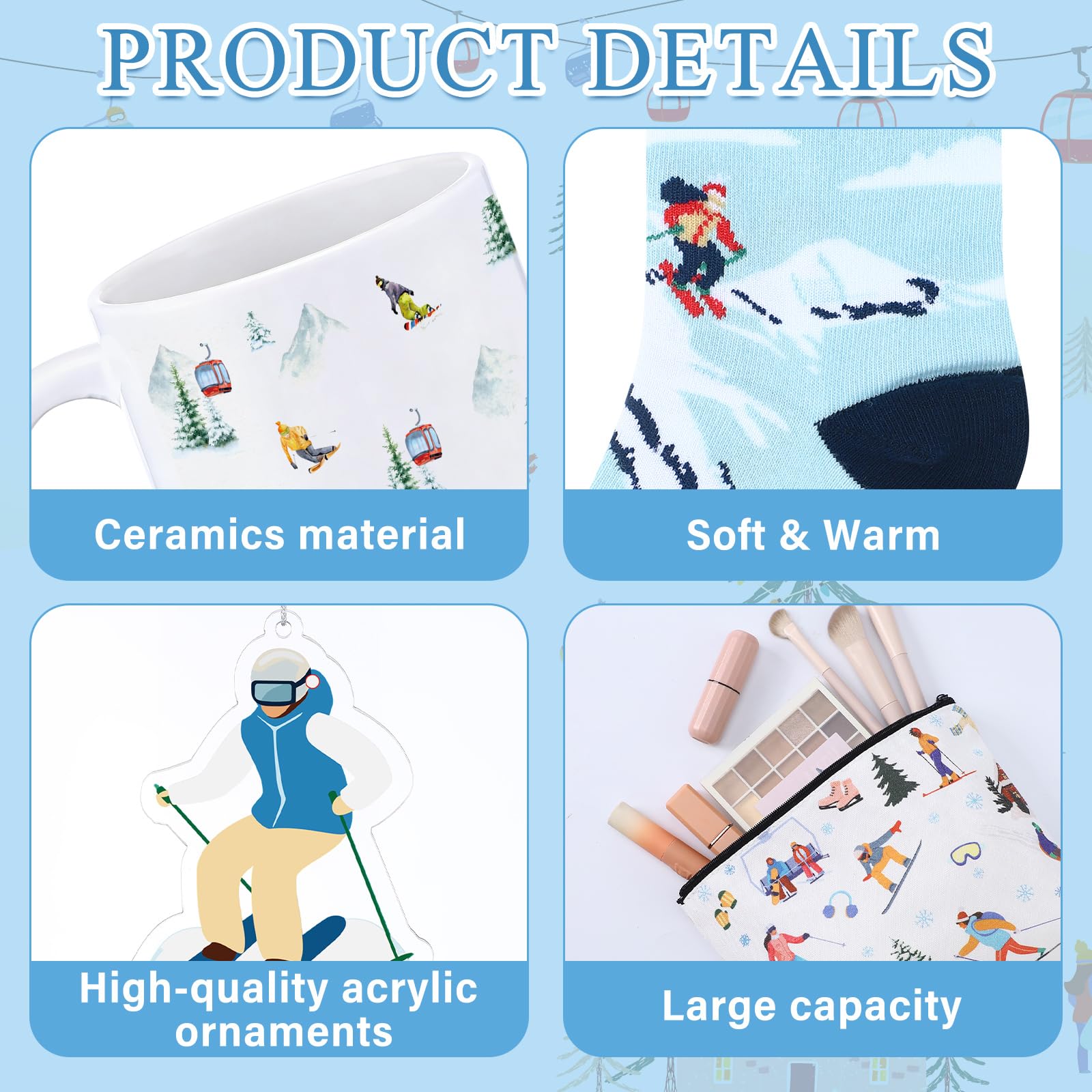 Potchen 6 Pcs Ski Gifts Set Winter Skiing Ceramic Mug, Socks for Skiers, Makeup Bag, Card, Acrylic Christmas Ornament and Box Skiing Accessories for Ski Lovers Women Men Snowboarder
