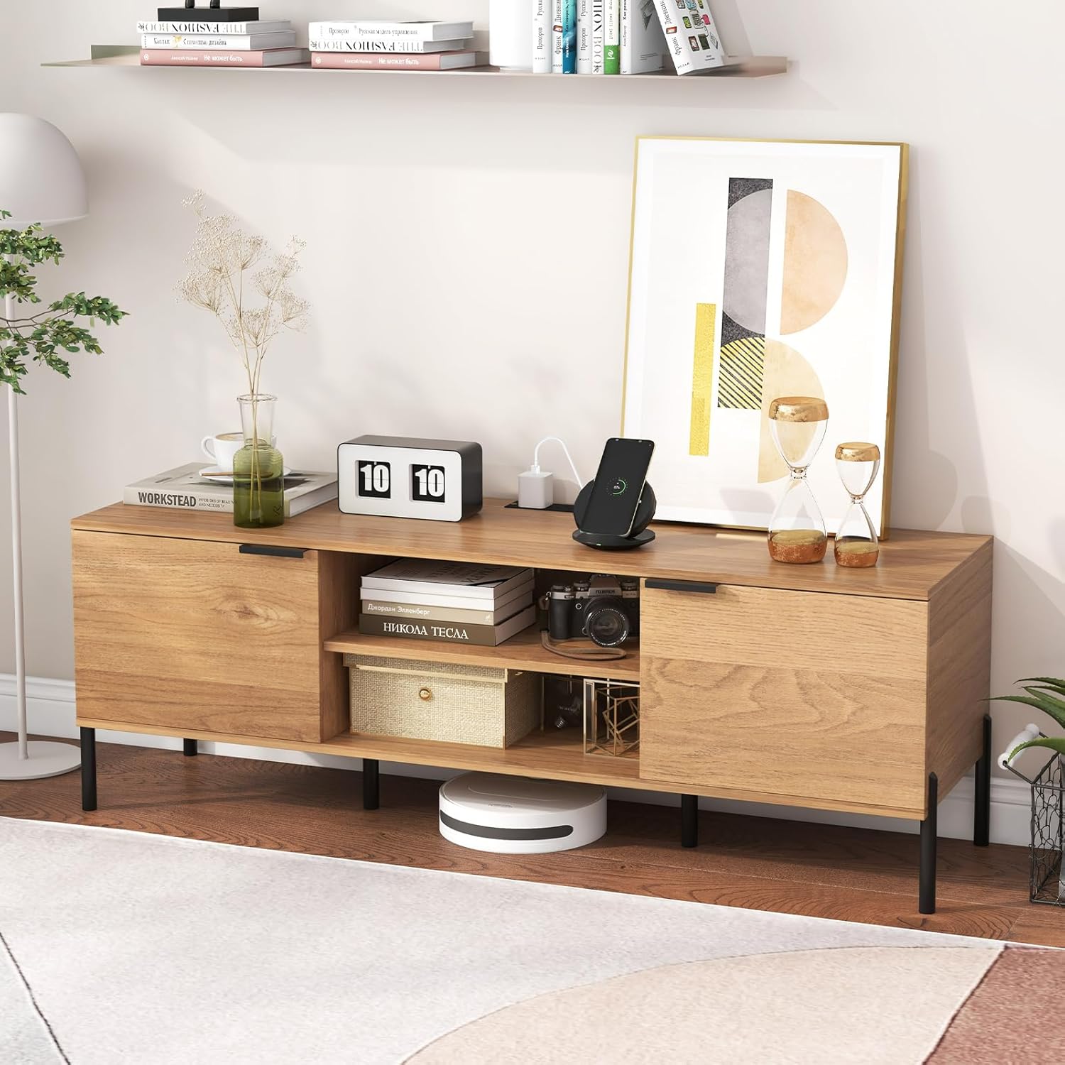 Tangkula 2-Door TV Stand with Charging Station for TVs up to 65”, Media Entertainment Center w/Open Shelves, 6 Metal Legs, 2 Cable Holes, USB & Type C Port, TV Console Table for Living Room (Natural)