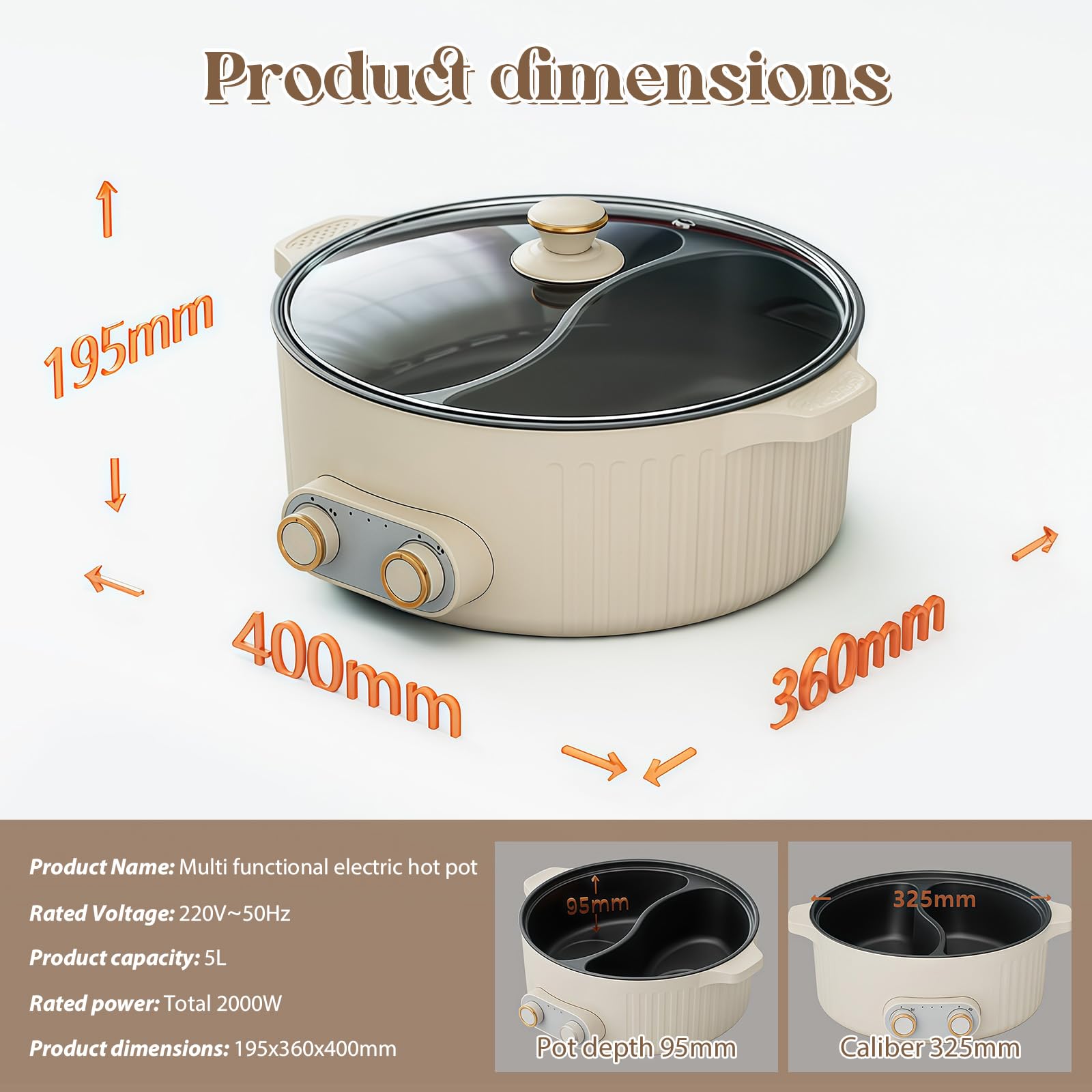 Hotpot elektryczny garnek 5 l, 2000 W, przenośna, wielofunkcyjna, nieprzywierająca patelnia z szybkim ogrzewaniem i podwójnym pokrętłem, do mieszkania, na kemping, 2 poziomy regulacji temperatury