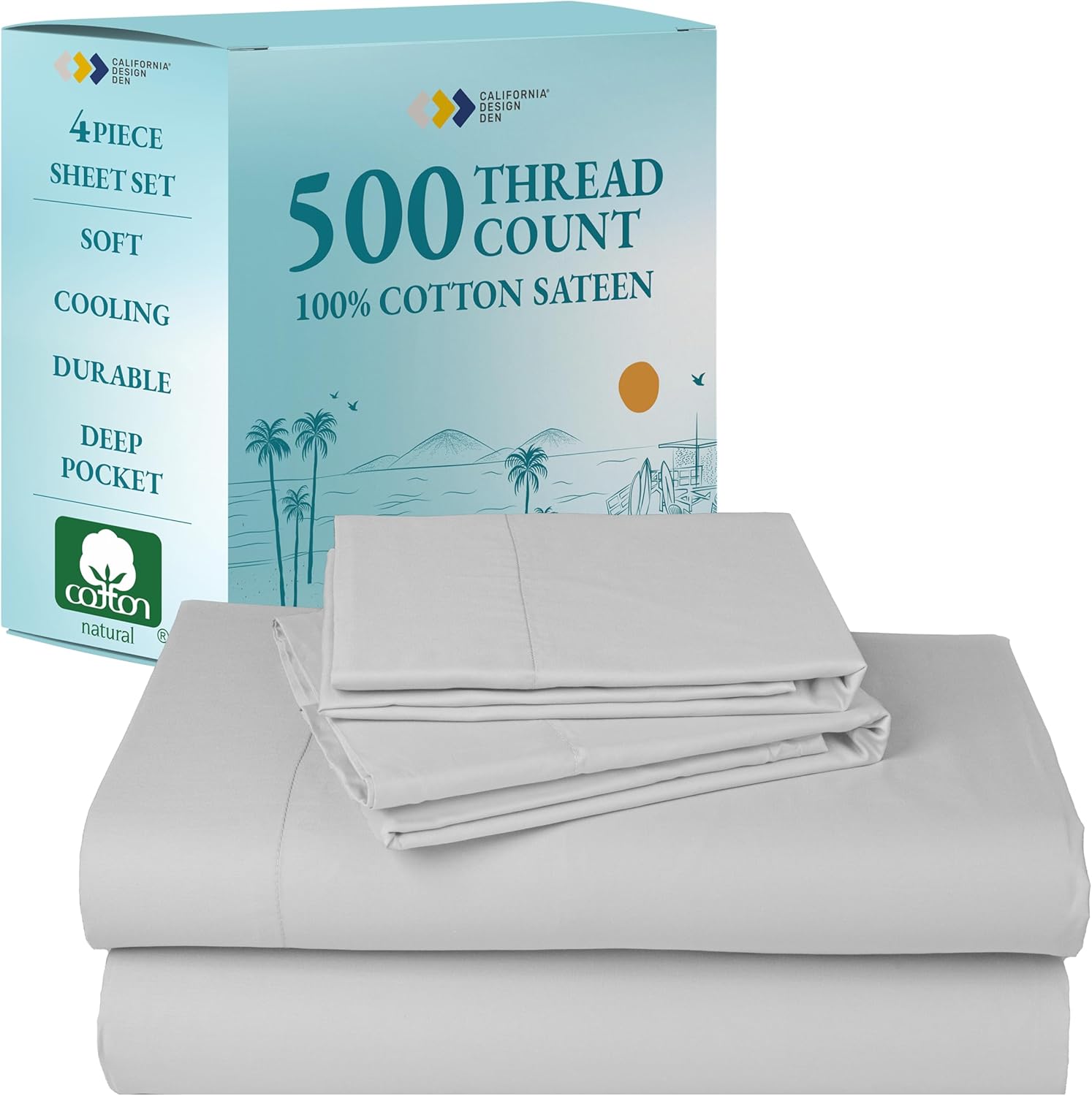 California Design Den - Finest Bed Sheets Queen Size Set, Soft 100% Cotton Cooling Sheets Deep Pockets Snug Fit Elastic, 500 Thread Count Sateen, Sheet Sets for Bed (Light Grey)