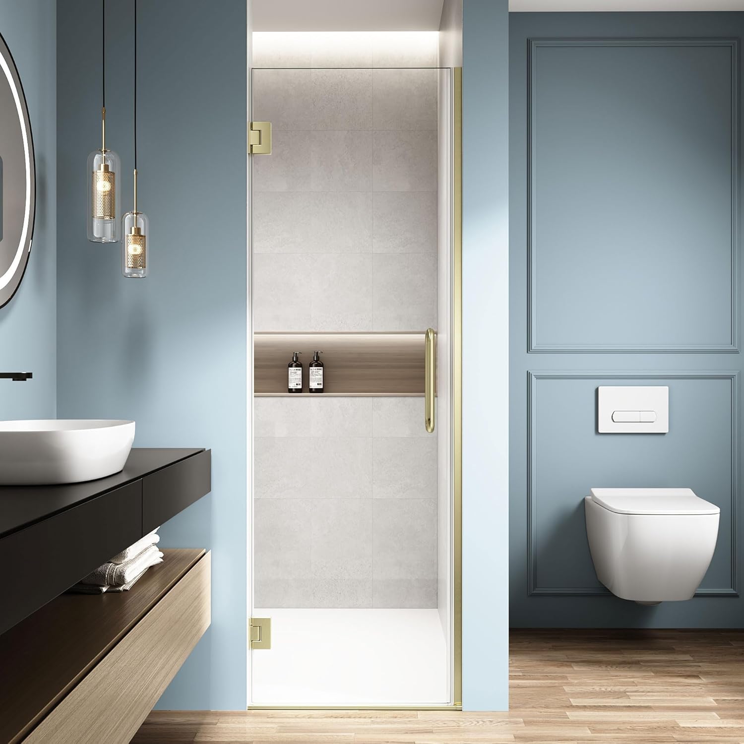 Bathroom Shower Glass Door, 23.9"-24.1" W*72" H 5/16" (8mm) Thick Clear Tempered Glass Door with Handle, Brushed Gold Hardware