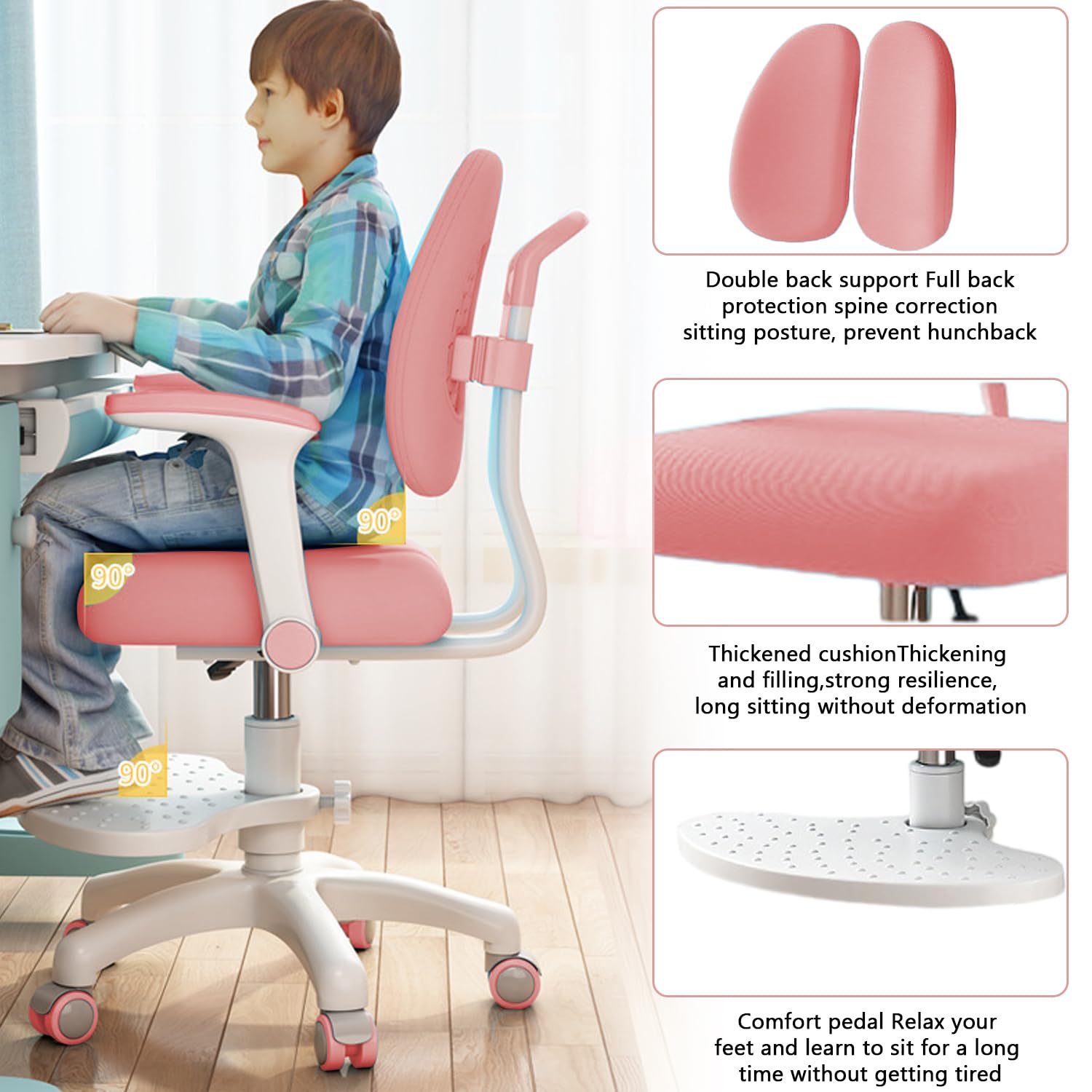 Schreibtischstuhl Kinder, Höhenverstellbarer mit 90° schwenkbaren Armlehnen & Fußstütze | Ergonomischer Drehstuhl für Mädchen und Jungen | Bequemer Lernstuhl für Kinderzimmer (Rosa)