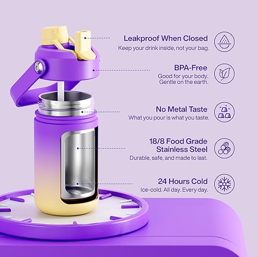 Miniatura 744 de ENCOOL Botella de agua aislada con popote, de acero inoxidable, a prueba de fugas, sin BPA, al vacío de doble pared que se mantiene fría durante 24