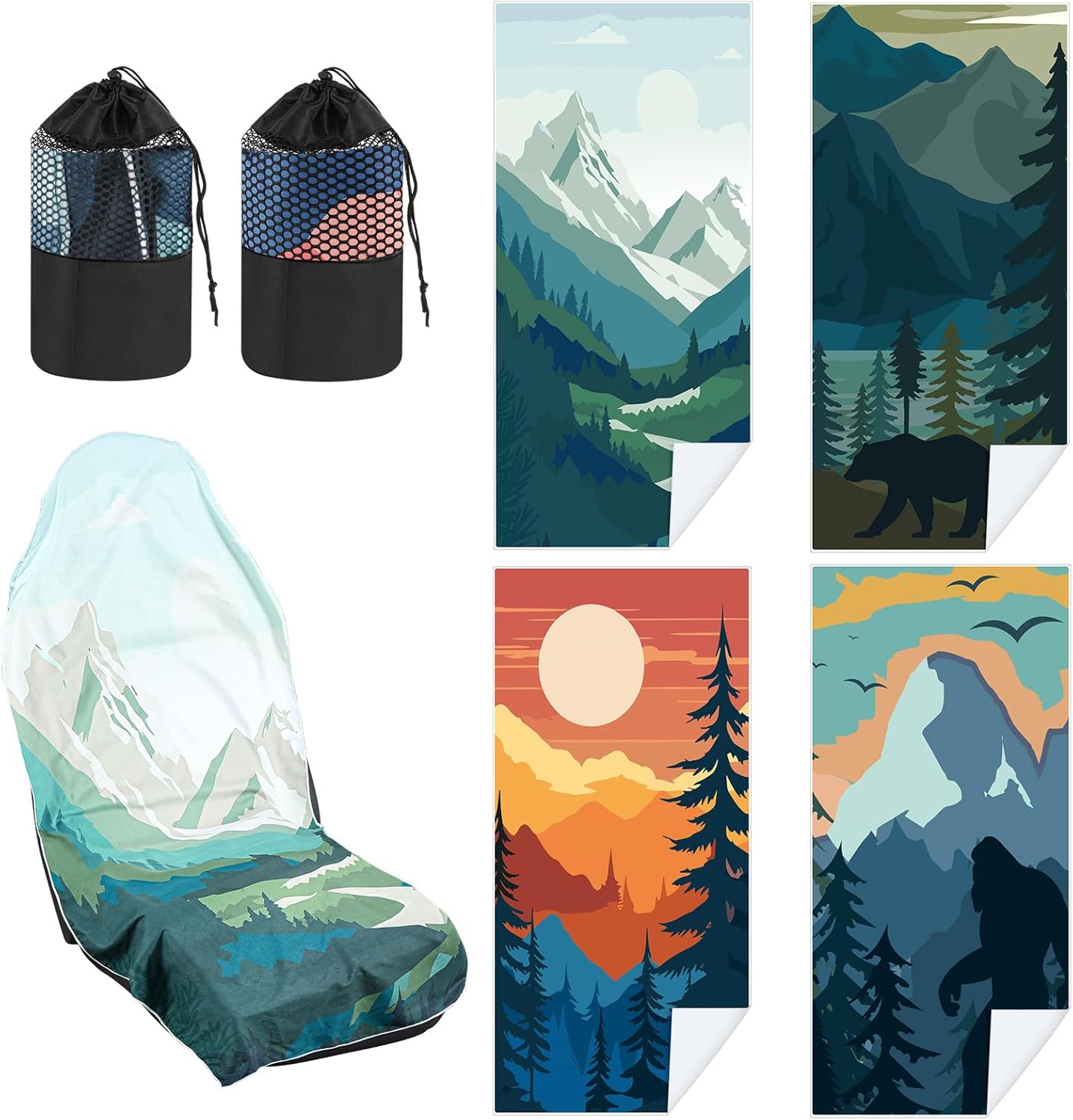 4 Pack Car Seat Towel Covers with Storage Bag 63 x 32 Inch Athletic Running Towel Seat Sweat Washable Non Slip Cover Gift for Car Outdoor Sport Activities (Landscape)