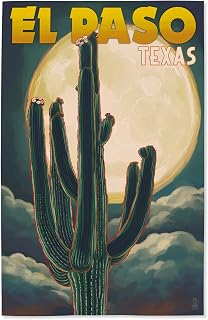 Lantern Press 16x24 Inch Giclee Art Print Wall Decor, El Paso, Texas, Cactus and Full Moon