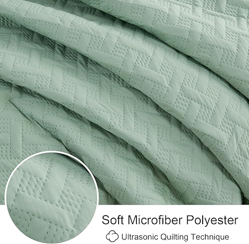Miniatura 4 de Qucover Juego de edredón verde salvia tamaño Queen, juego de ropa de cama verde de 3 piezas tamaño Queen, juego de edredón con patrón de cesta de