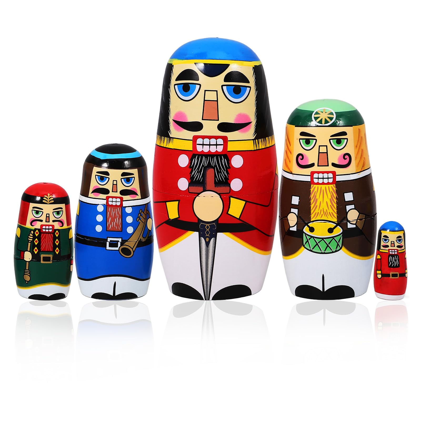 LOGOFUN 5pcs Christmas Themed Russian Doll Wooden Nutcracker Nesting Doll Xmas Theme Russian Nesting Doll for Christmas Party Decoration