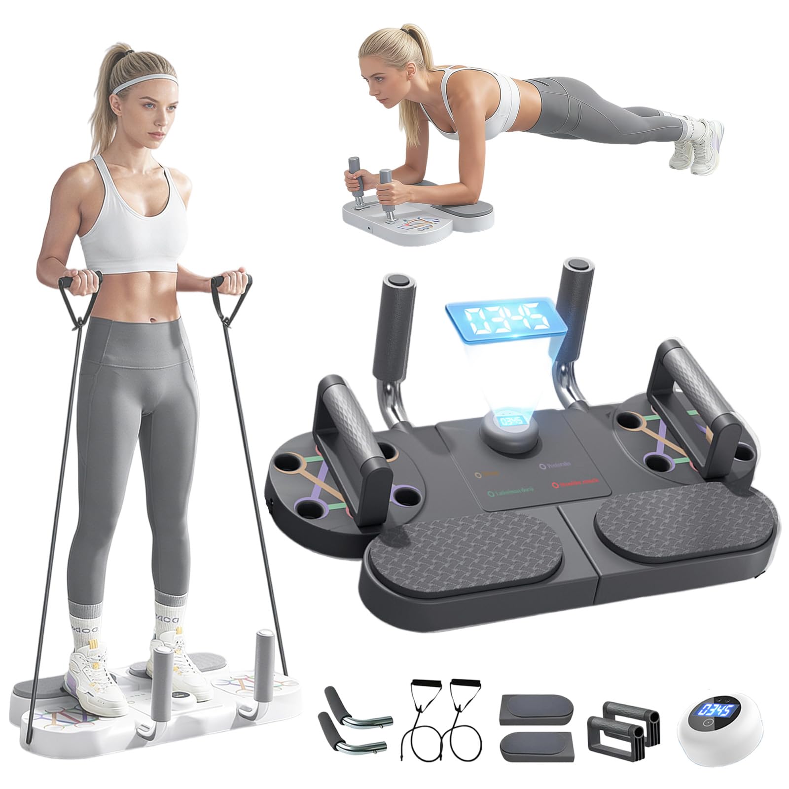 3-In-1 Multifunctional Push-Up Upgraded 2026 New, with Resistance Bands & Timer Counter, hickened Elbow Pads & Pushup Handles, Portable Home Gym Calisthenics Equipment Black