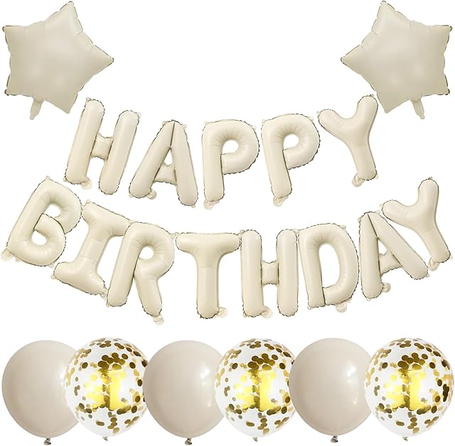 Happy Birthday Balloons Banner Beige, 16Inch Cream Mylar Foil Happy Birthday Letter Balloons, Happy Birthday Banner Balloons with White Sand Gold Confetti Balloons for Birthday Party Decorations