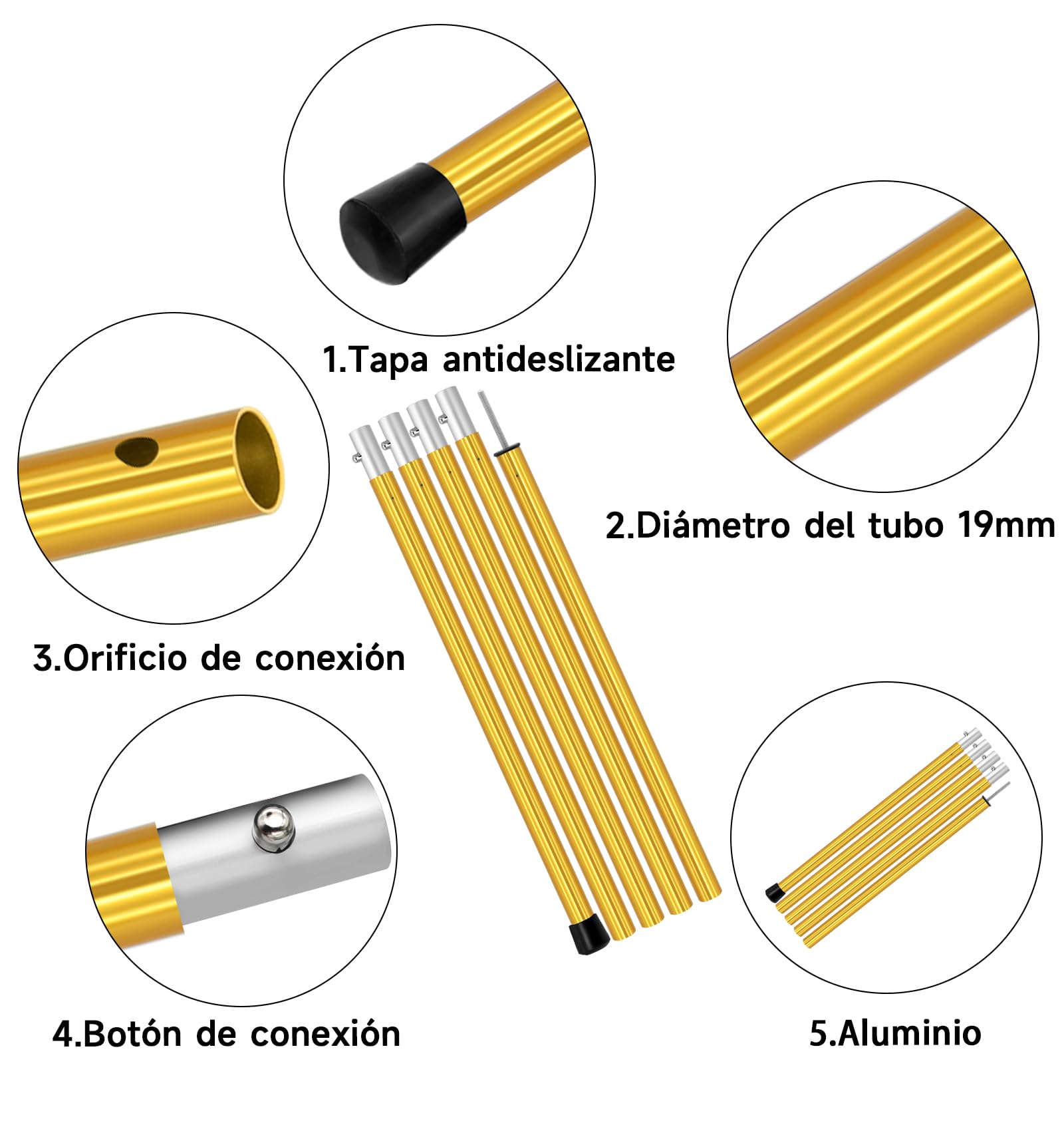 KOMCLUB Juego de 4 barras telescópicas de aluminio para carpa, ligeras, ajustables, de repuesto, para camping, deportes al aire libre, 1,9 m
