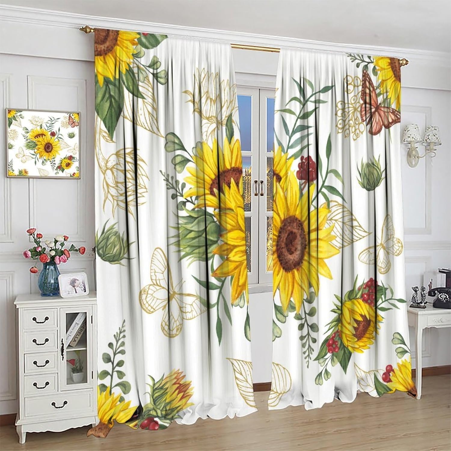 Sunflower Curtains Butterfly Natural Farmhouse Floral Blackout Print Rod Pocket Window Drapes for Bedroom Living Room 42x45in