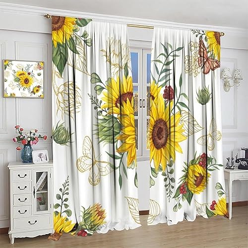 Miniatura 4 de Cortinas opacas de girasol, diseño natural, de granja, floral, con bolsillo para barra, para ventana, para dormitorio, sala de estar, 42 x 45