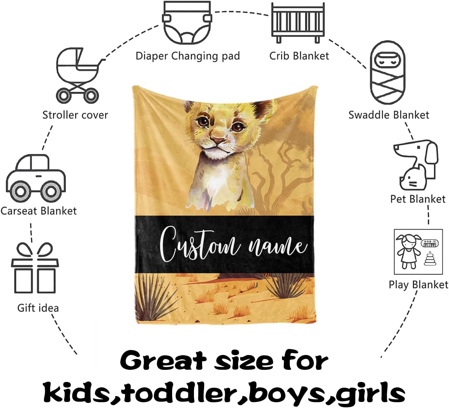 Personalized Name Crib Bedding Set for Infant Baby, Custom Nursery Decor Baby Blanket Fitted Crib Sheet Changing Pad Cover 3 Pcs, Yellow Lion Theme