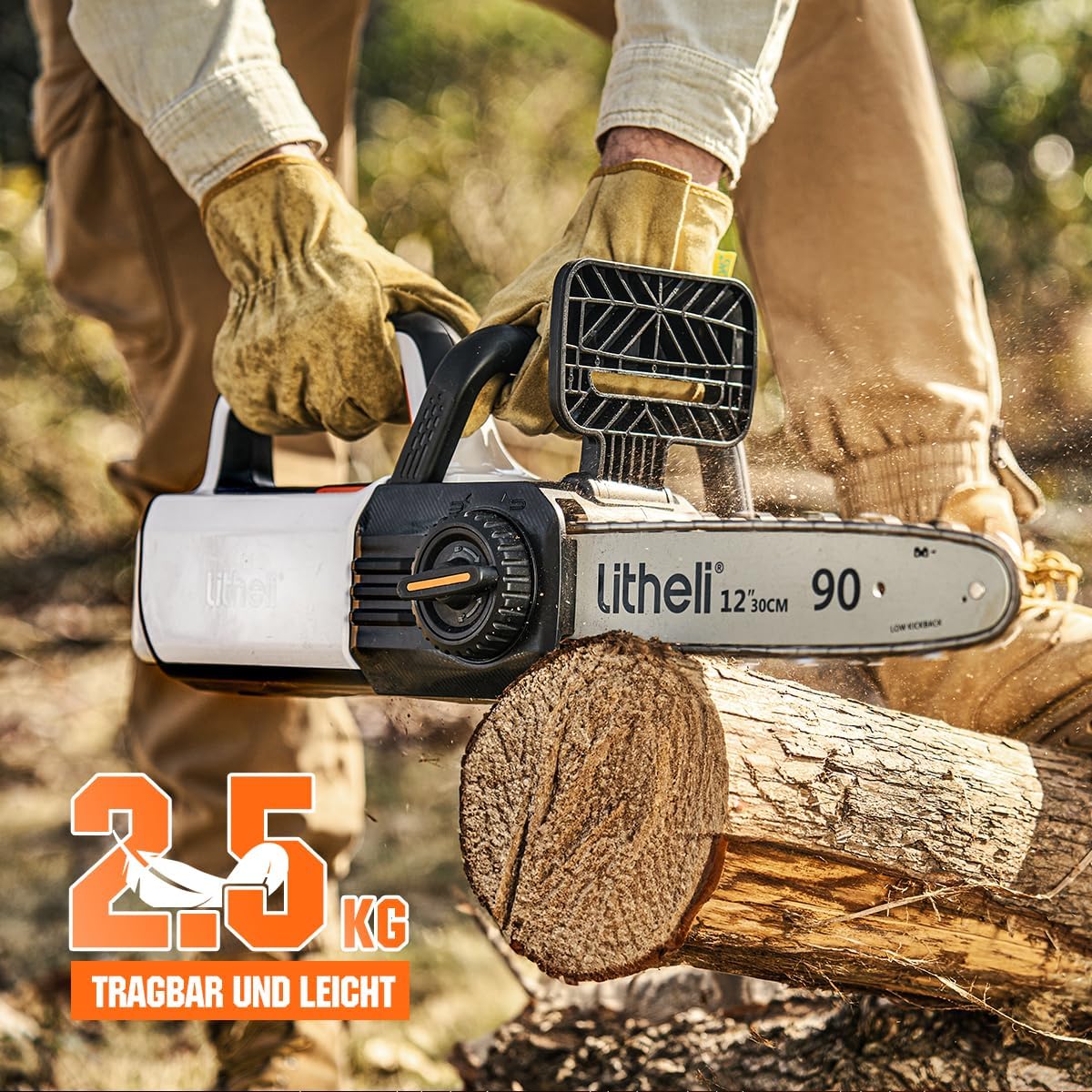 Image showing the lightweight Litheli chainsaw cutting a log, highlighting its portability at 2.5 kg.