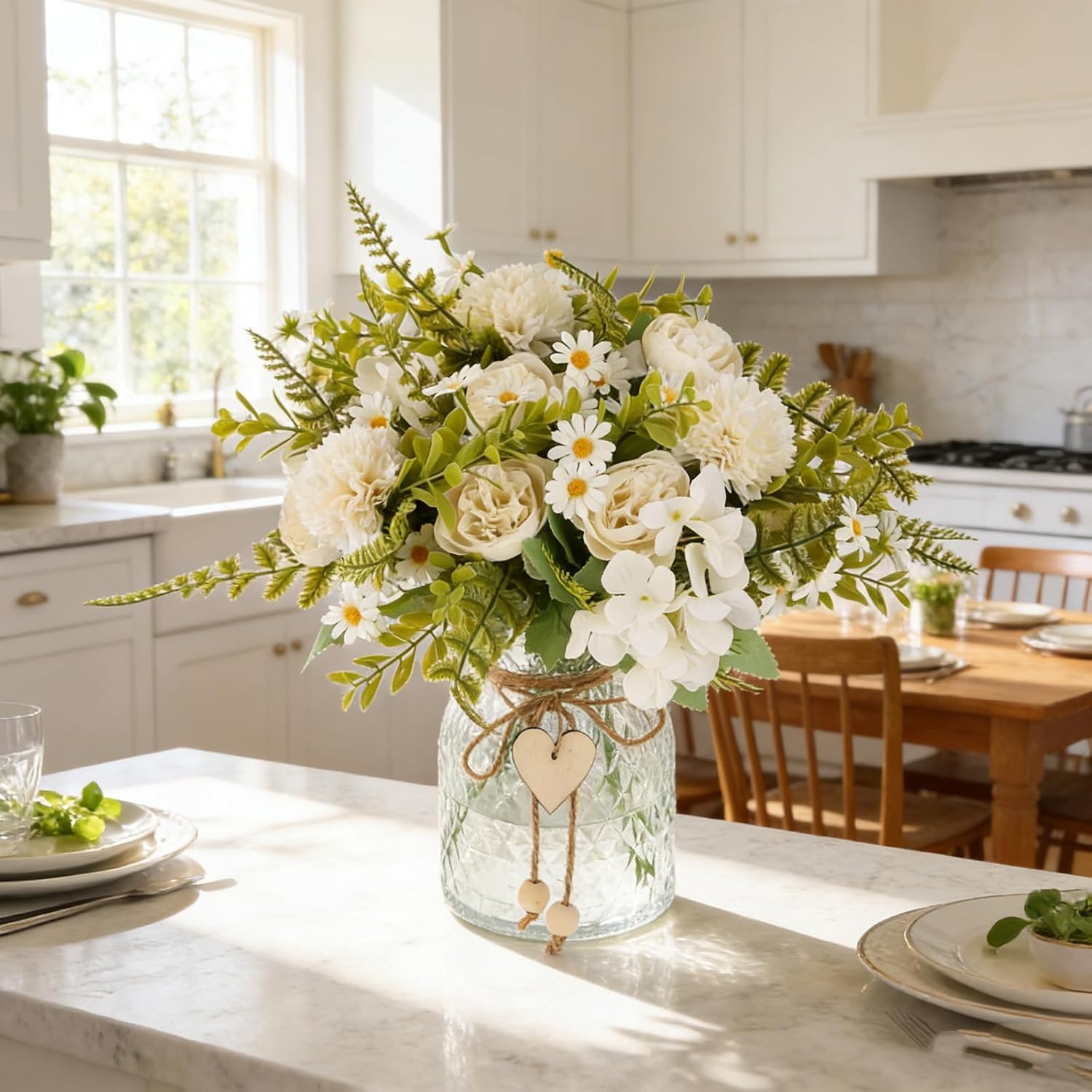 Kimura's Cabin Peonies Artificial Flowers with Vase Silk Fake Flowers Hydrangeas Faux Flower for Office Home Table Centerpiece Bathroom Arrangement Decorations(White)