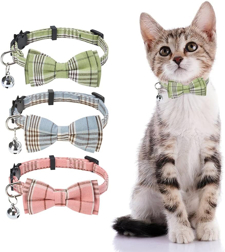 PAWCHIE Breakaway Bowtie Cat Collar with Bell - 3 Pack Classic Plaid Kitten Collars with Removable Bow Tie, Adjustable and Safety for Kitty, Puppy, Small Dogs