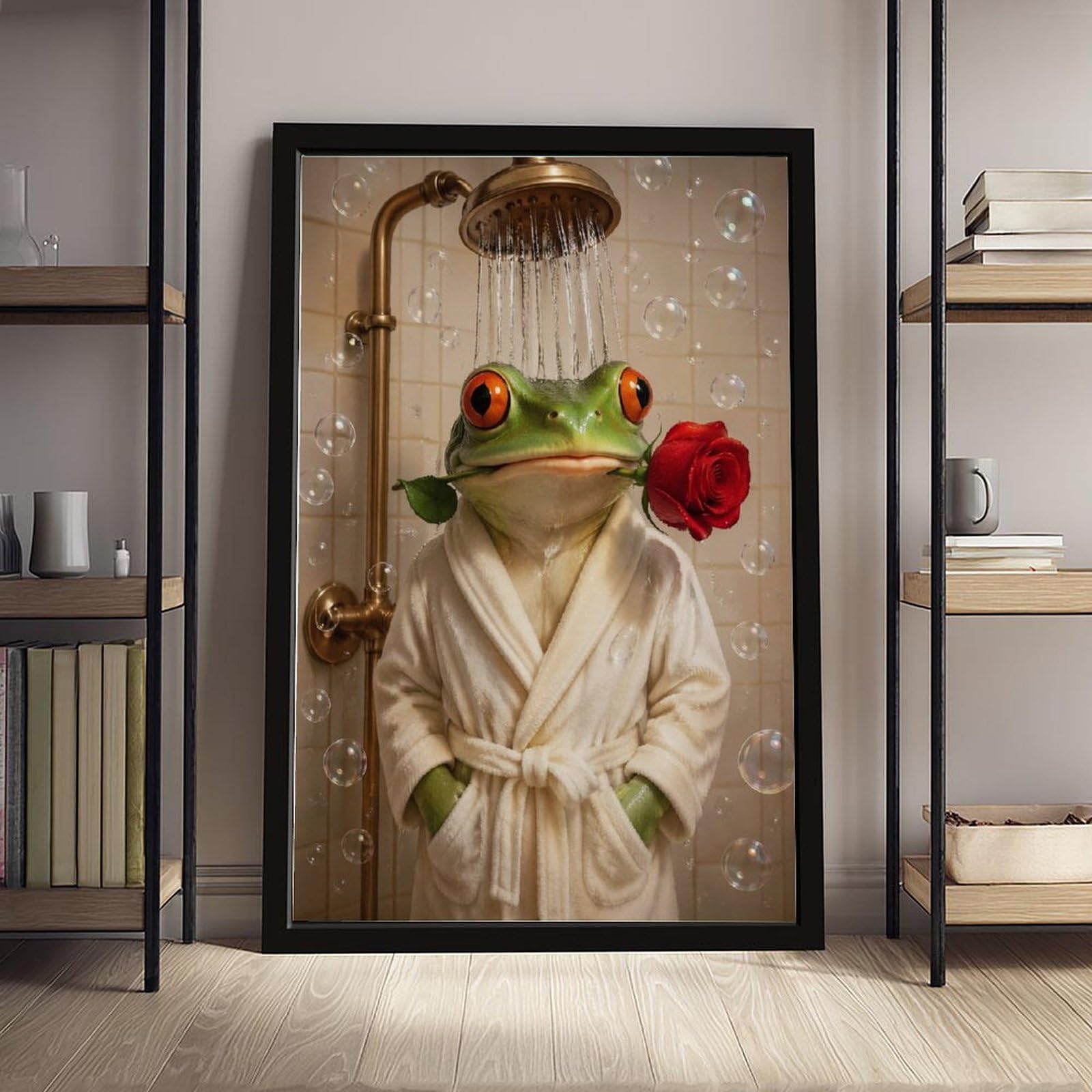 Lustiger grüner Frosch im Bademantel, Dusche mit roter Rose, Leinwand-Kunstposter, sprudelnd, skurriles Tierporträt, humorvolle Neuheit, Dekoration für Badezimmer, Toilette, Puderzimmer, schwarzer