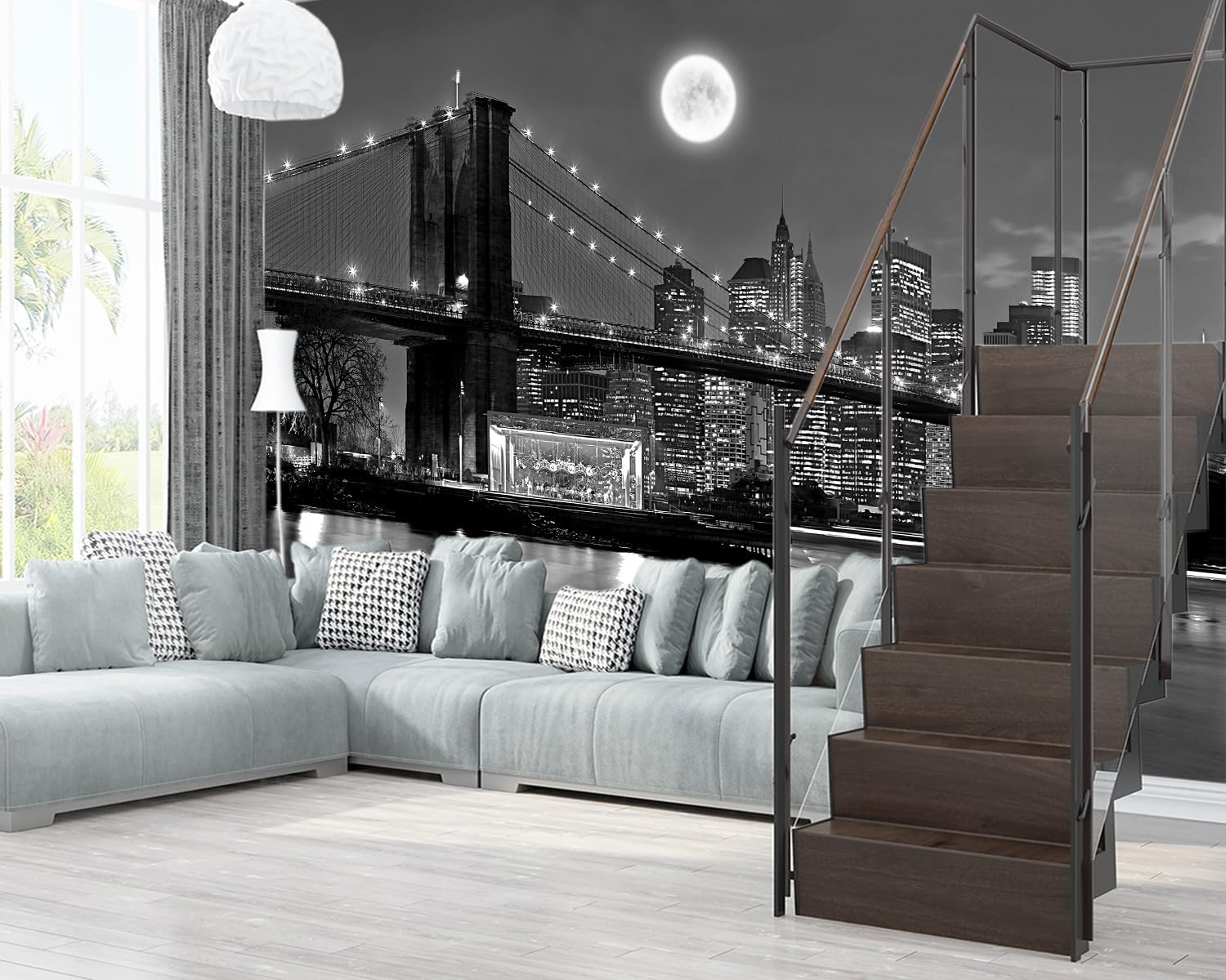 XMPMBM-Grey City Night View The Moon Nursery Room Fabric Wallpaper Living Room Bedroom Bathroom Wall Mural-W 88" X H 59"（36 Square Foot）