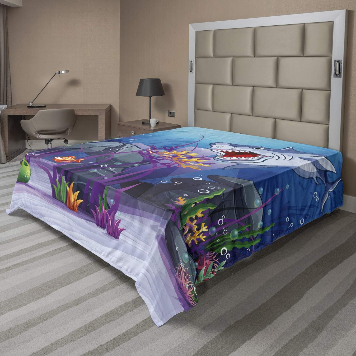 Ambesonne Ocean Flat Sheet, Cartoon Style Underwater World Plants and Evil Shark Chasing Little Fish Illustration, Soft and Comfortable Top Sheet Decorative Bedding 1 Piece, Full Size, Multicolor
