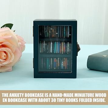 Mini Anxiety Bookshelf,Small Bookshelf Mini Books Ornament,Wooden Miniature Book Display Shelf,7.1x4.8x9.5cm Handmade Pocket Stress Reliever Bookshelves for Books Lovers or Anxious People (1 Pack)